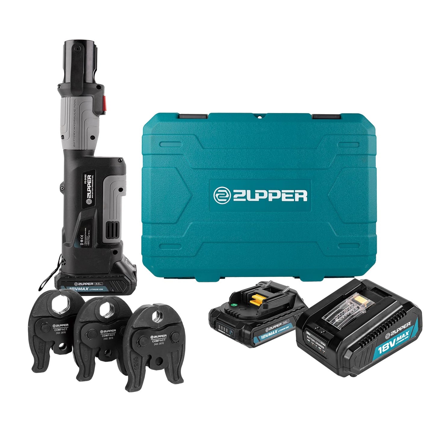 ZUPPER Press Tool, 18V Electric Pipe Crimping Tool for 1/2", 3/4", 1" Copper Pipes, Compact Press Tool Kit Suitable for Copper ProPress fittings - with 3 VUS Press Jaws, 2pcs Battery