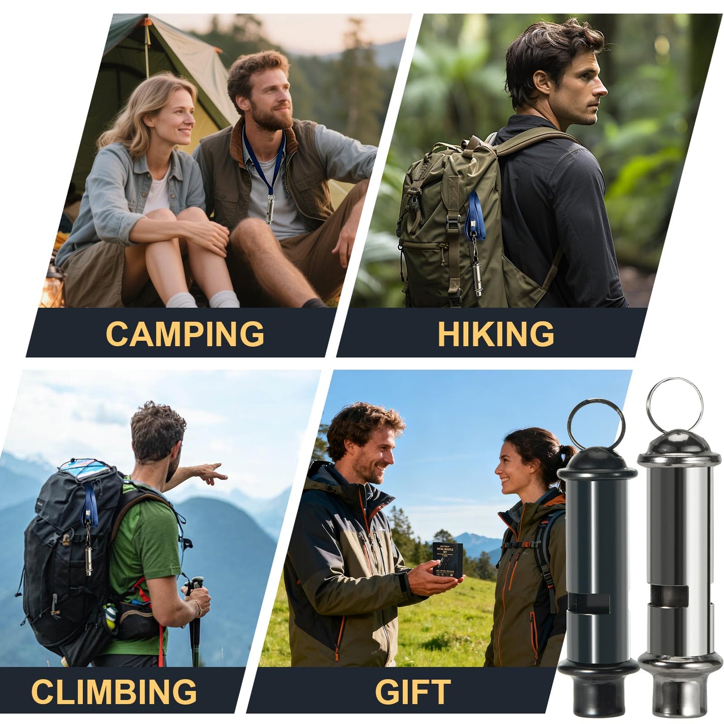 Nihtdoy Emergency Whistles 2 Pack, 120dB Pealess Solid Iron Safety Whistles with Nylon Lanyards & Case, Black Coated & Silver, for Hiking, Camping, Coaching, Emergency Kits