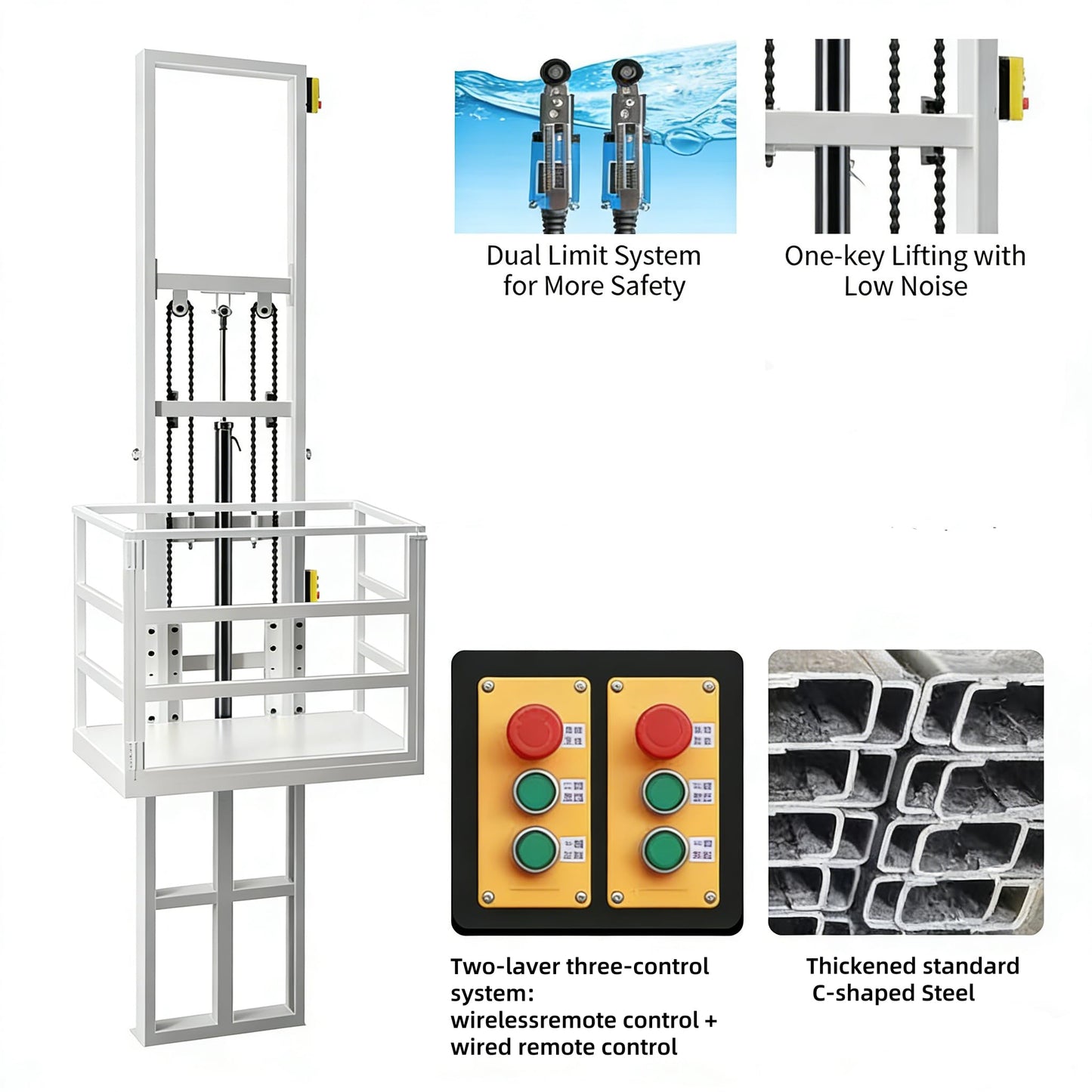 Anti-Crush Protection 1Ton/2200Lbs Load Electric Hydraulic Lift Platform, Wall Mounted Freight Elevator Rail Hoist for Factory Warehouse Home Use(9.8FT)