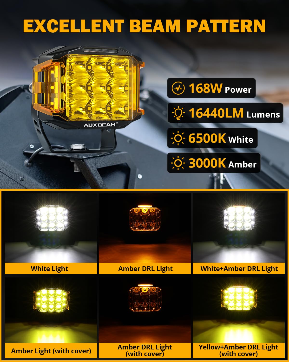 Auxbeam 5 Inch LED Pod Offroad Lights, 168W Super Bright Cube Pods Spot Flood Combo Driving Lights with Side Shooter, V-MAX Series Amber DRL Ditch Work Light with Yellow Cover for Truck Jeep SUV ATV