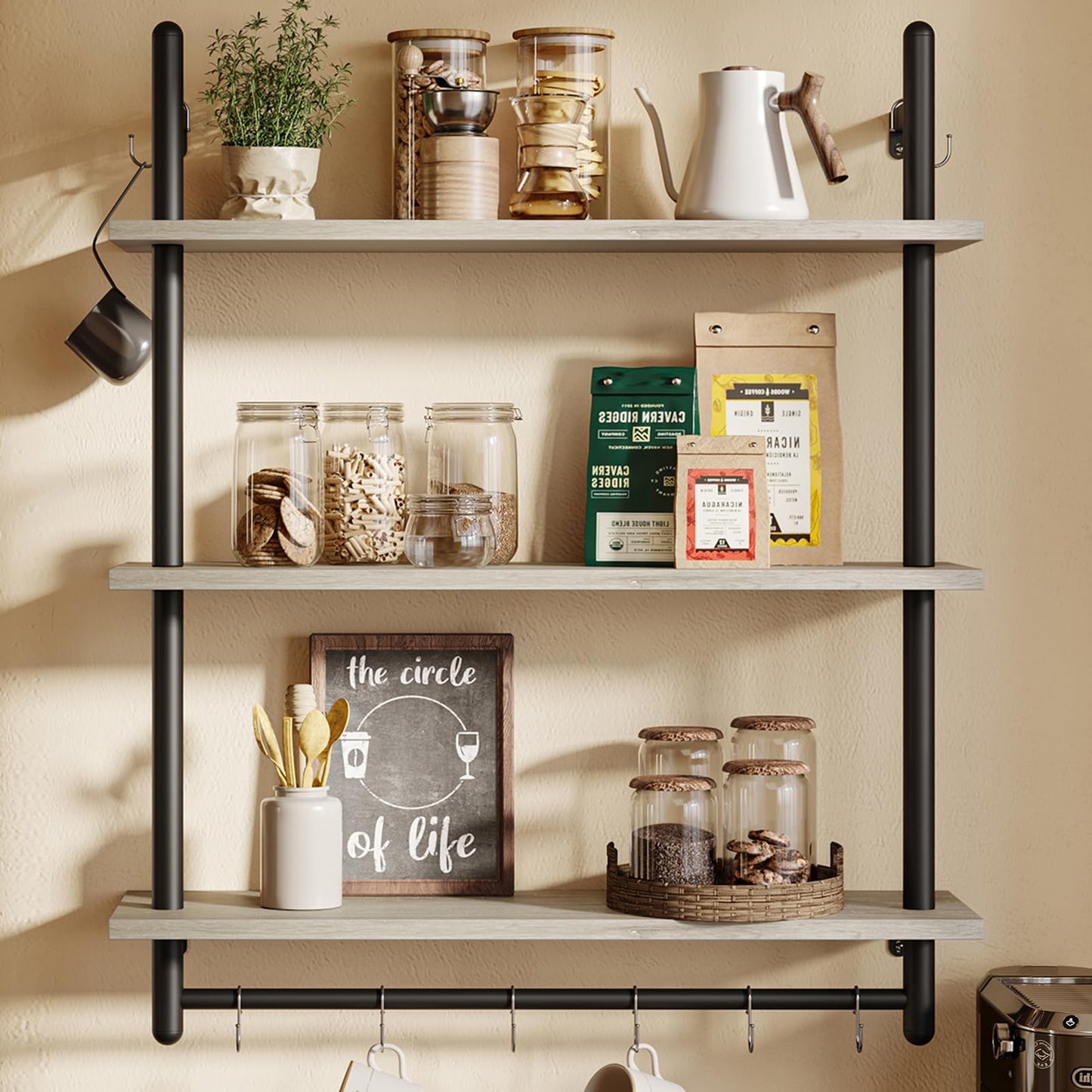 Bestier Floating Pipe Shelving Kitchen Shelves Wall Mounted 3 Tier Ladder Coffee Bar Shelf 3 Tier Bundle, Retro Grey