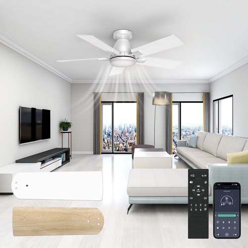 AIKVSXER Ceiling Fans with Lights,42" Low Profile Ceiling Fan with Lights and Remote,Reversible,3CCT, Dimmable,Noiseless,White Ceiling Fan for Bedroom,Living Room,Hallway