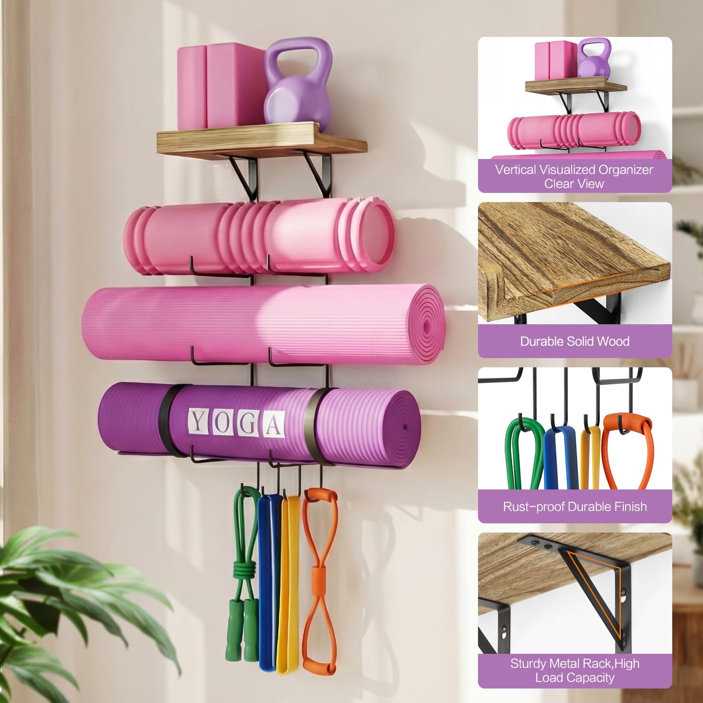 Bikoney Yoga Mat Holder Wall Mount Yoga Mat Storage Home Gym Accessories with Wood Floating Shelves and 4 Hooks for Hanging Foam Roller and Resistance Bands Fitness Home Gym Carbonized Black