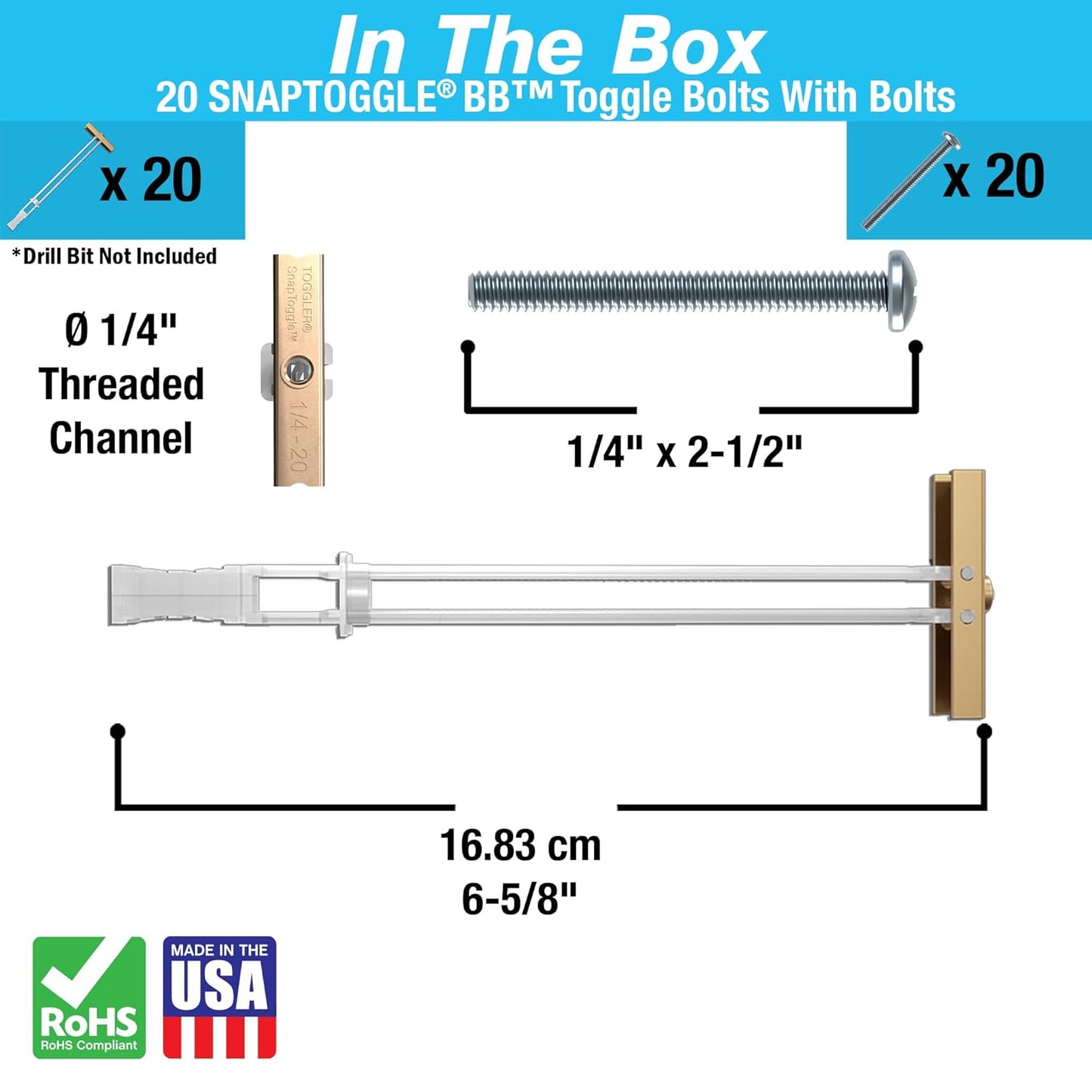 TOGGLER Drywall Anchor - Heavy-Duty 1/4-20 Fastener, Holds 265 lbs Each | 20 Pack for 1/2" Drywall