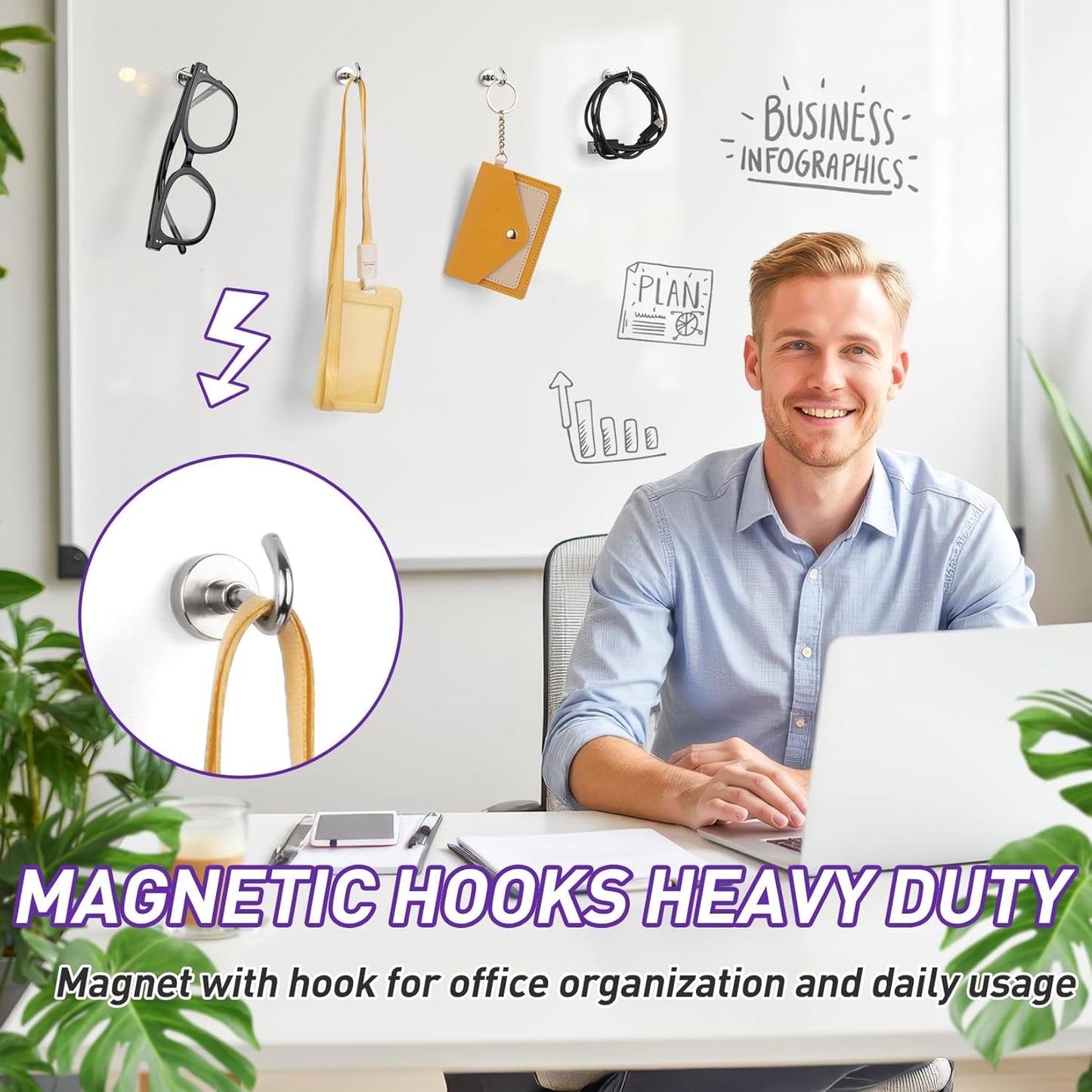 Skiennix 12 Pack Magnetic Hooks - Heavy Duty 30lbs+ Metal Hooks for Kitchen, Fridge & Classroom