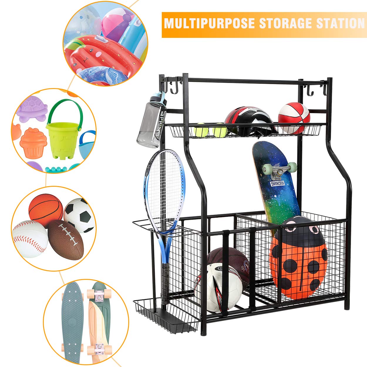 Snail Garage Storage System Sports Equipment Organizer with Baskets and Hooks, Sports Gear and Ball Storage Rack with Wheels for Garages, Playgroup, Gym and Schools, Powder Coated Steel, Black