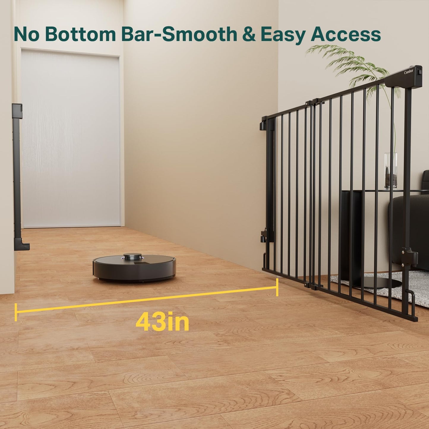 Cumbor 29.2–43" Baby Gate for Stairs, Hardware Mounted (Drill Required), Expandable No Bottom Bar Dog Gate, Auto Close Extra Wide Walk Thru, Pet & Toddler Proof Gate, Top & Bottom of Stairways(Black)
