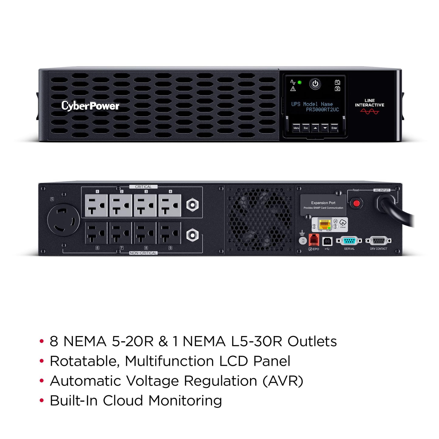 CyberPower PR3000RT2UC Smart App Sinewave UPS Battery Backup and Surge Protector, 3000VA/3000W, 30A, 9 Outlets, 2U Rack/Tower, AVR, Built-in Cloud Monitoring, UL Certified