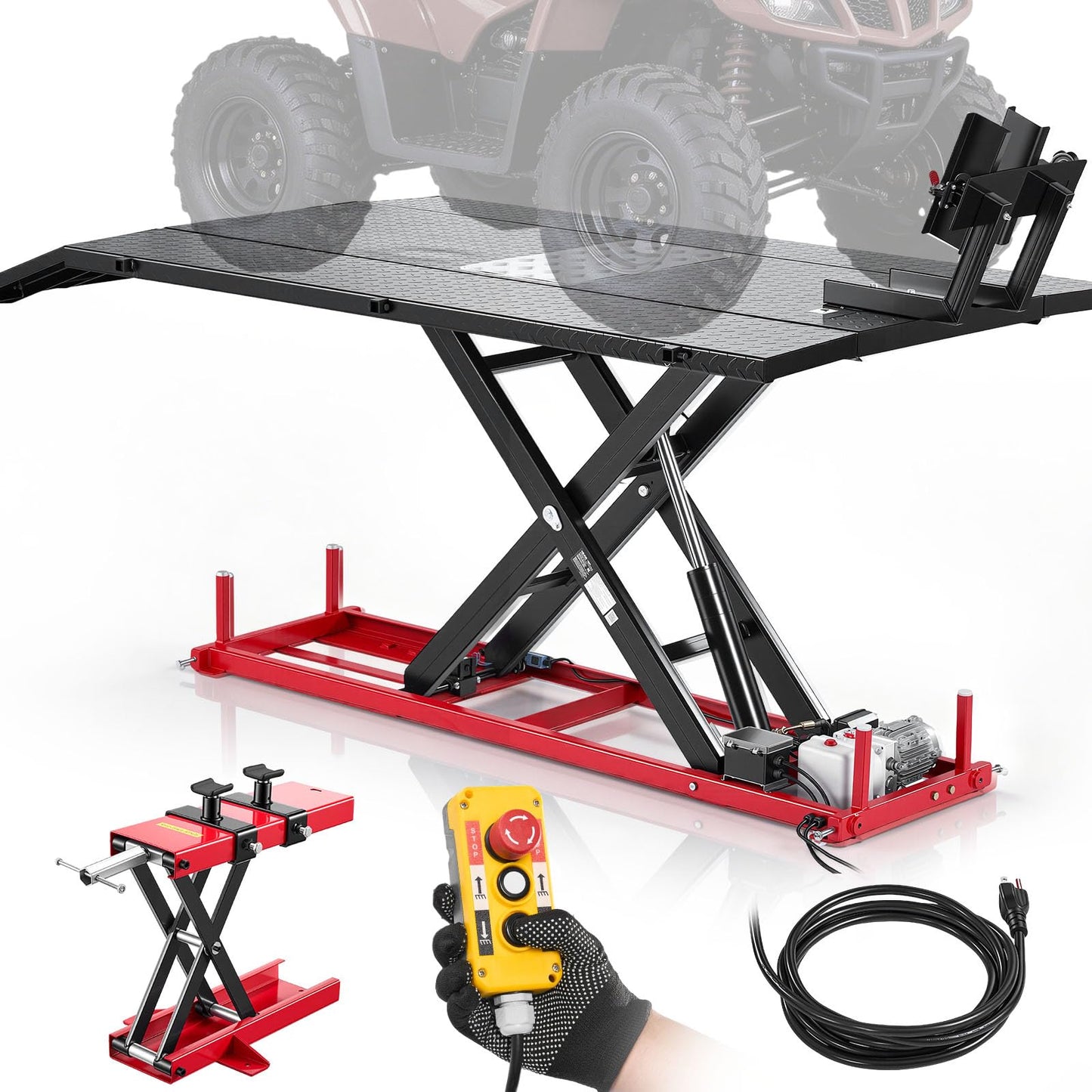 VEVOR Motorcycle Lift Table, 1500 lbs Capacity, Electric Hydraulic Pump with Scissor Lift Jack, Wheel Chock, 9.05"-41.73" Height, 78.3" x 50.4" Extra-Wide Heavy Duty Repair Stand for ATV, Dirt Bike