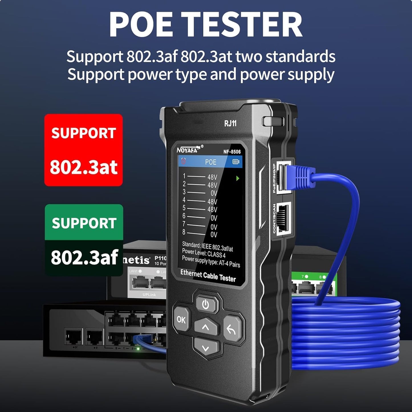 NOYAFA NF-8506 Network Cable Tester with RJ45 Crimp Tool, CAT5 CAT6 Network Tester, IP Scan, PoE Ping Test, Network Rate Test, Port Flashing, RJ45 RJ11 Ethernet Cable Tester with Crimper Stripper