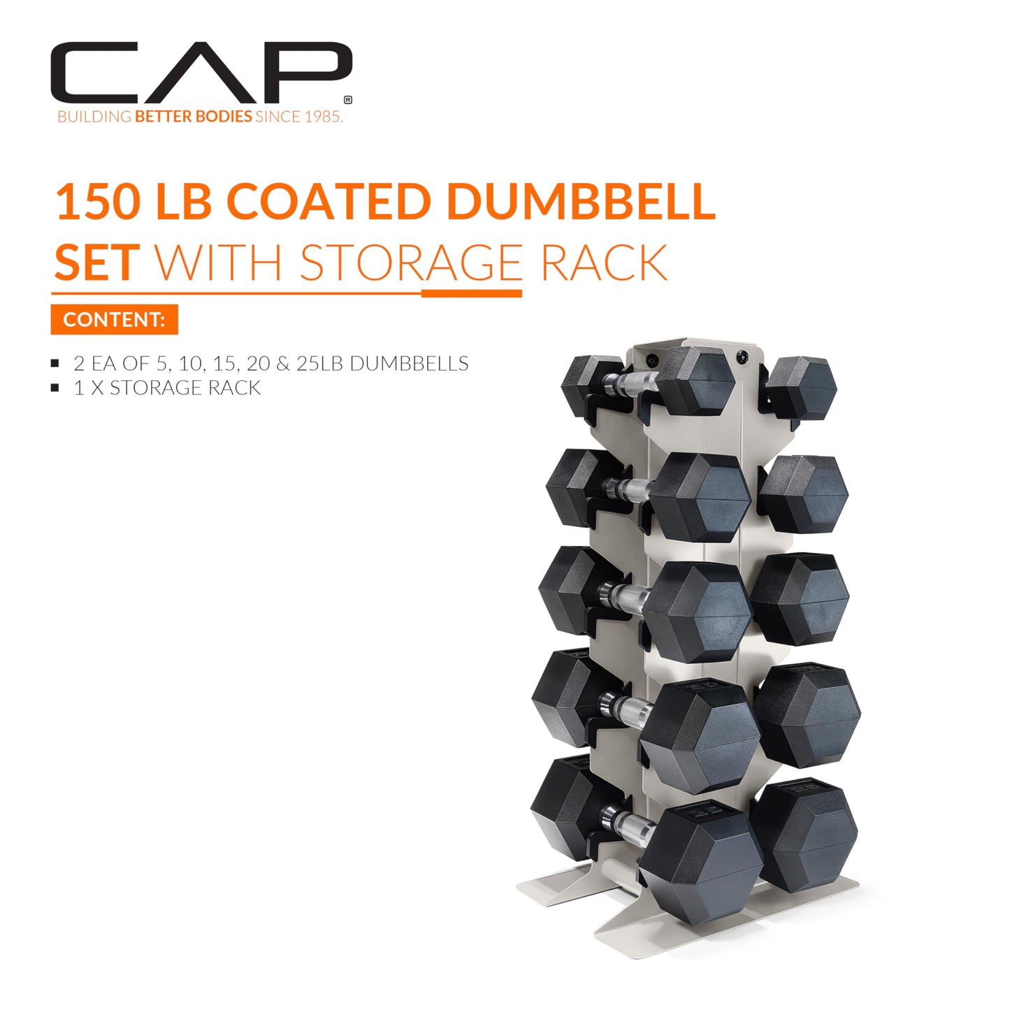 CAP 150 lb Dumbbell Set with Rack, Rubber Coated Hex Free Weight Set, Compact Vertical Storage, for Strength Training & Home Gym, Light Gray Rack