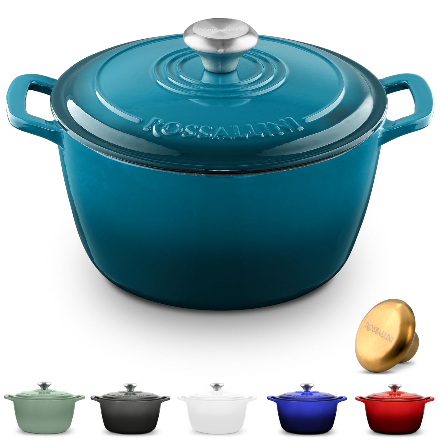 ROSSALLINI Signature Enameled Cast Iron Dutch Oven, Non-Stick Serving Pot with Tight Fitting Lid for Perfect Roasting, Baking, Sauteing, and Bread Making | 3.5Q (3.3L) - Ocean Blue