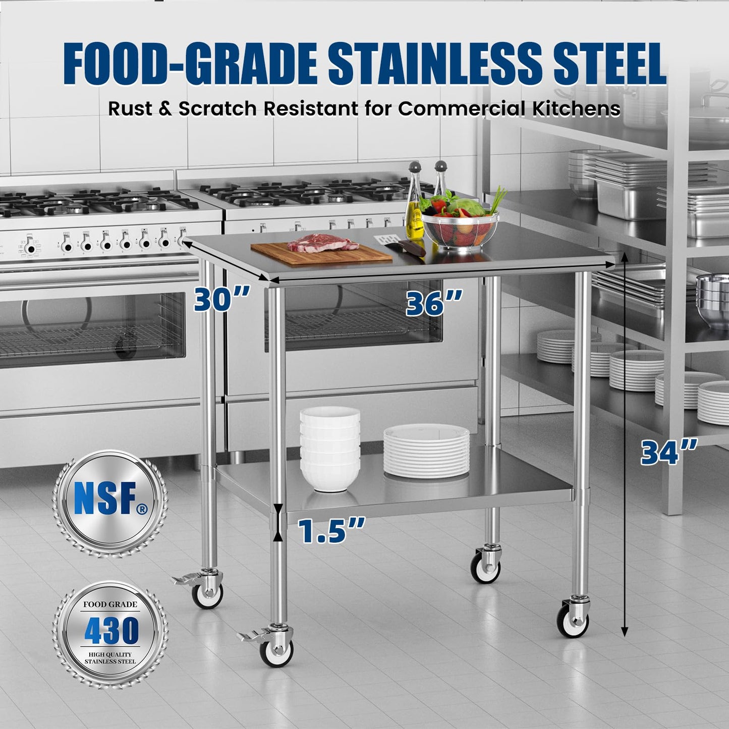 Chingoo Stainless Steel Work Table with Wheels, 30x36 Inch NSF Kitchen Prep Table with Adjustable Undershelf for Commercial Restaurant, Garage, Outdoor BBQ
