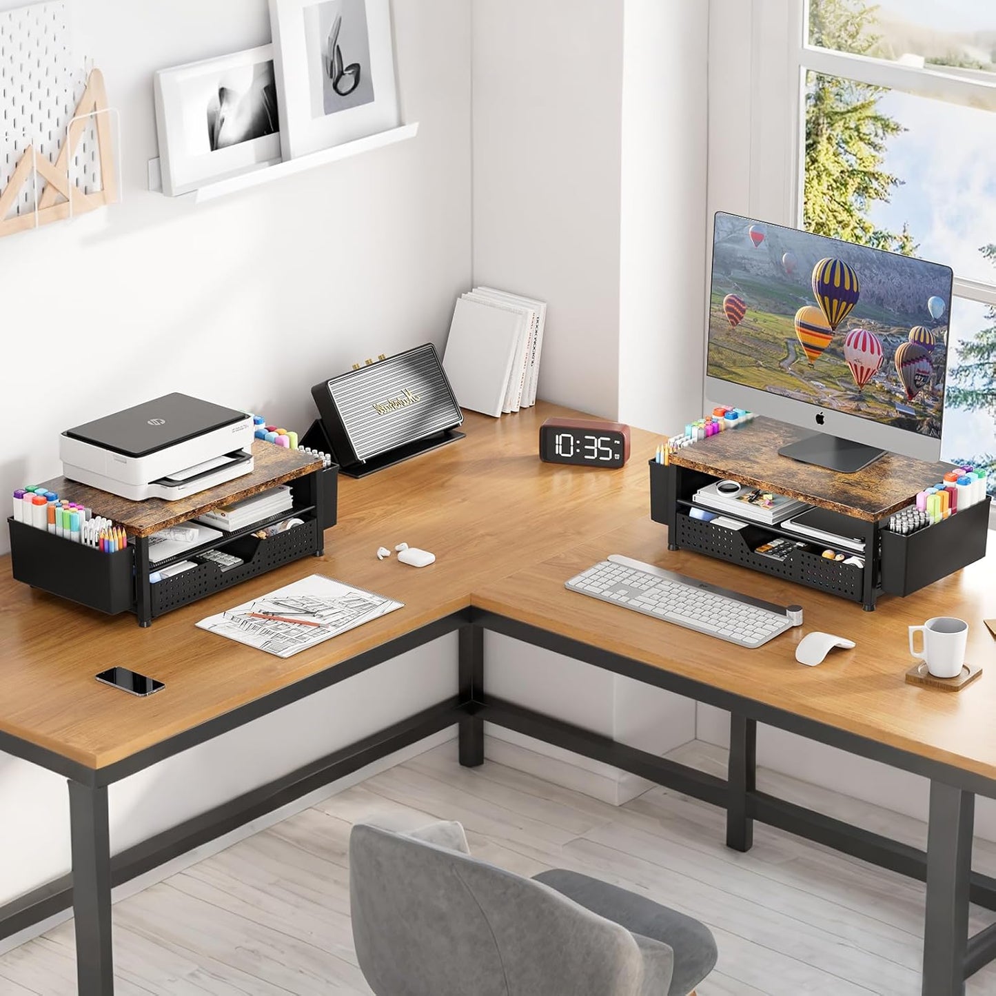 Wood Metal Monitor Stand Riser, Laptop Stand for Desk, Office Desk Organizer and Accessories, Computer Desktop Shelf