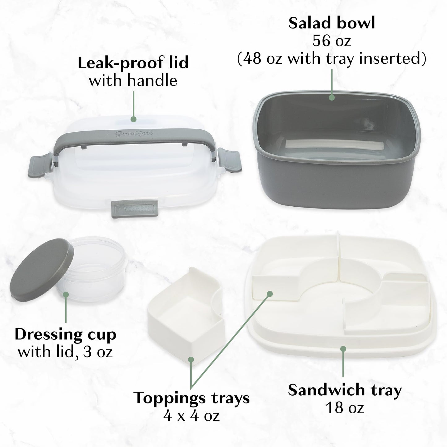 Goodful Stackable Lunch Box Container, Bento Style Food Storage with Removeable Compartments for Sandwich, Snacks, Toppings & Dressing, Leak-Proof and Made without BPA, 56-Ounce, Gray