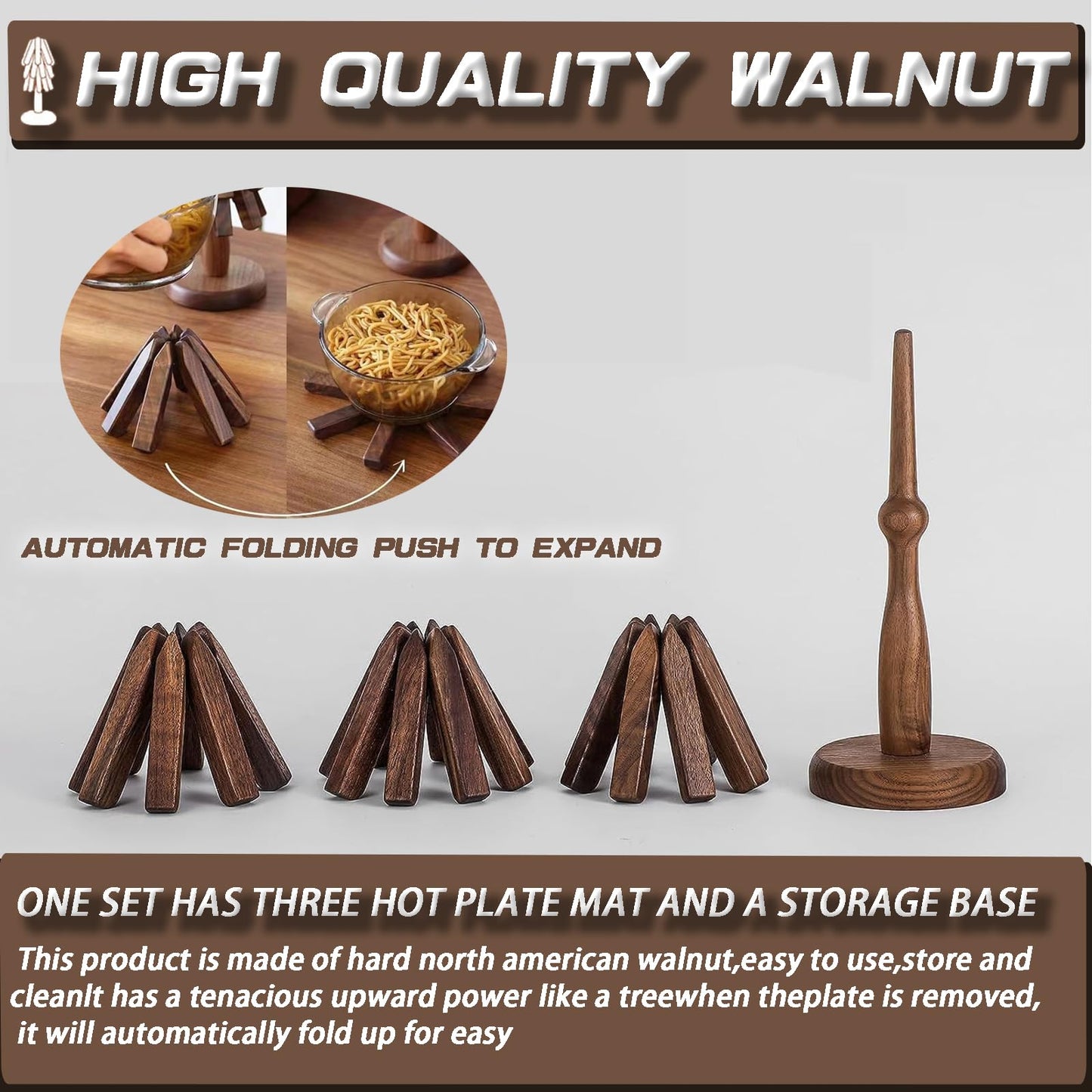 Natural Walnut Wood Trivets - Foldable Tree Hot Plate Mat Set of 3 for Kitchen, Multifunction for Hot Pots and Pans