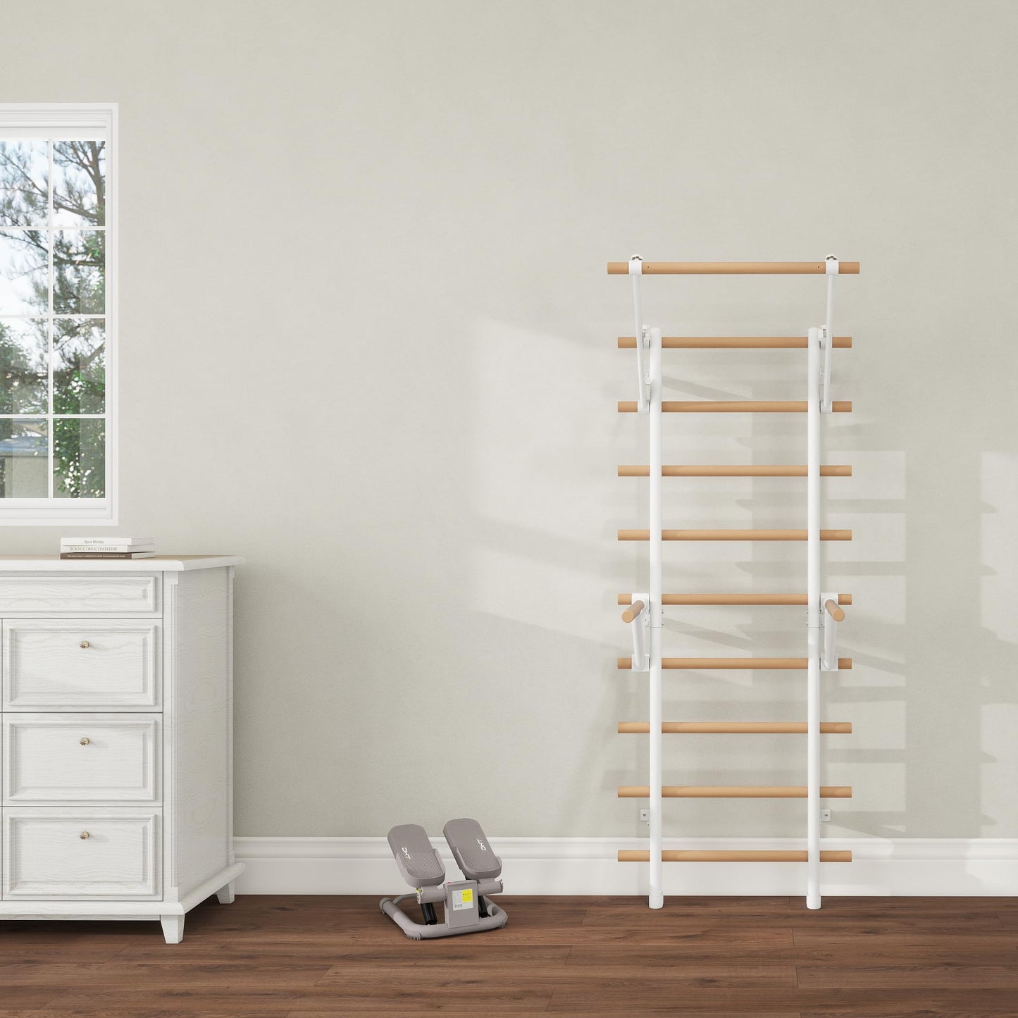 DHT Double Bar Bracket, Swedish Ladder Dip Bar Exclusive Attachment, for Home, School, Physical Therapy and Gymnastics, White