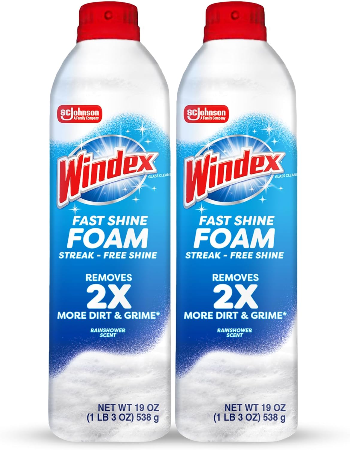 Windex Fast Shine Foam Glass Cleaner - Streak-Free Aerosol Spray for Windows & Mirrors | 19 oz (Pack of 2)