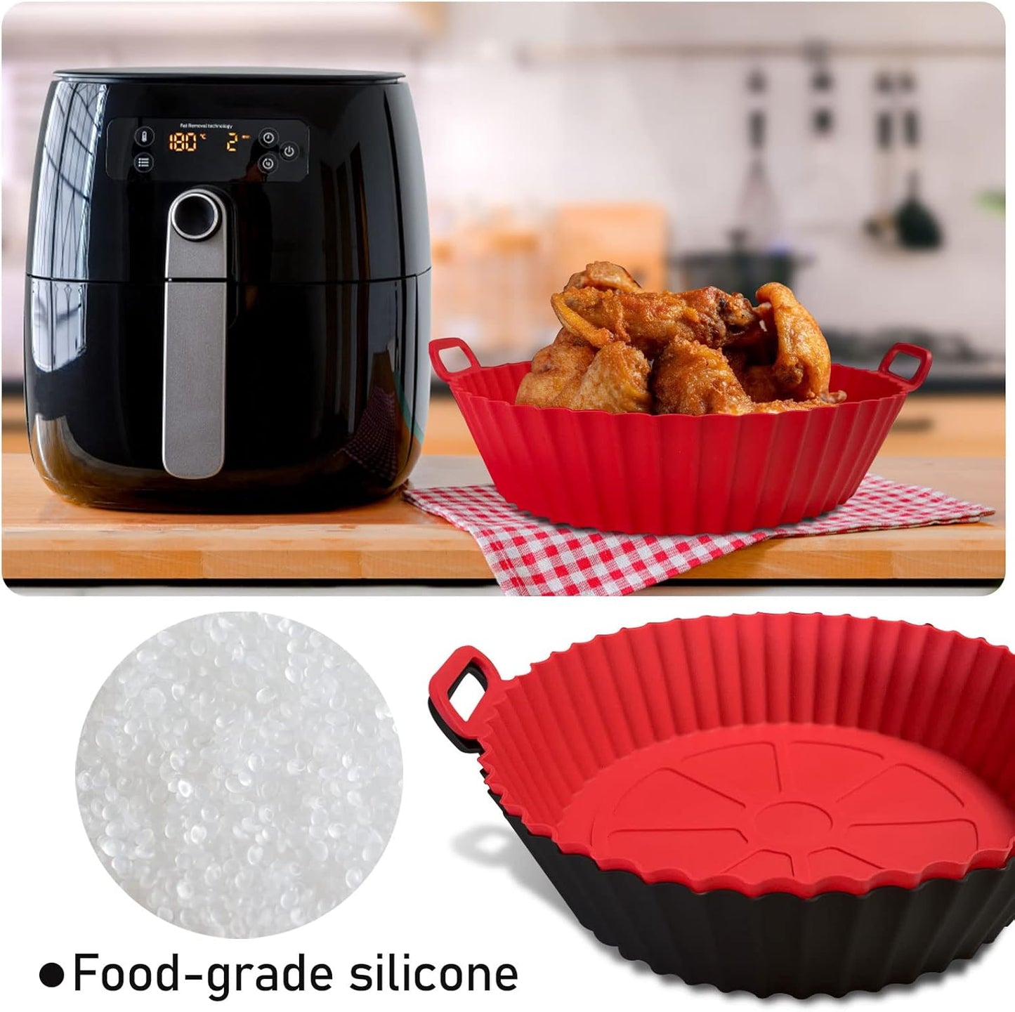 Skiennix Air Fryer Silicone Liners - Reusable 8-Inch Baking Tray for 3 to 5 Qt Ovens | Red & Black