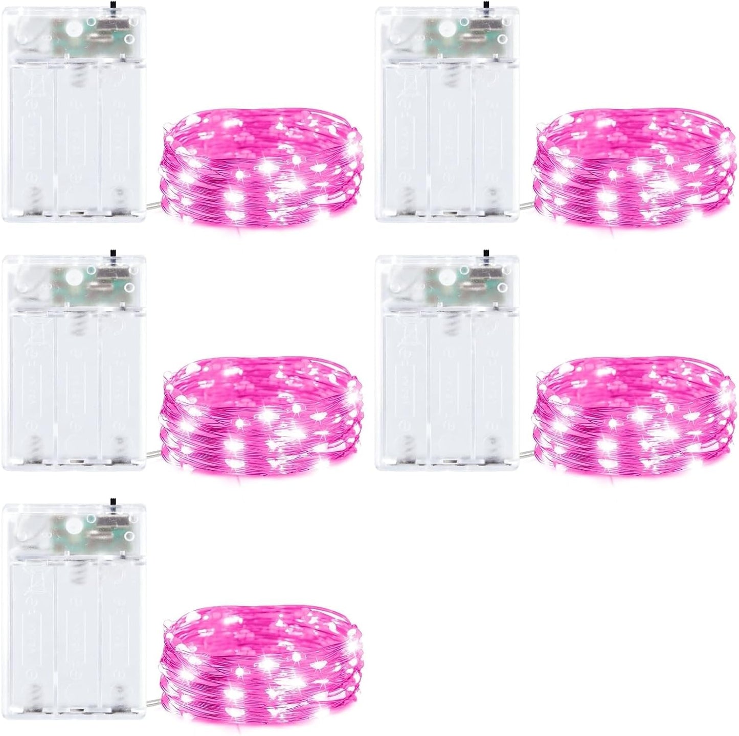 Minetom Fairy Lights, 20 LED Battery Operated String Lights, 7 FT Silver Wire, 5 Pack, Pink, Model b410b0ea-5d3b-4b