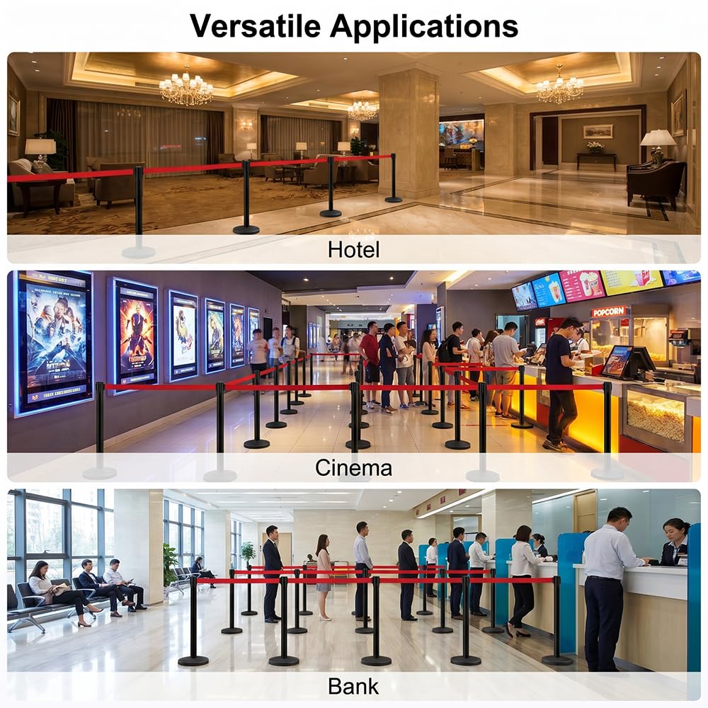 YIDELAI Crowd Control Stanchions Set of 4, Heavy Duty Black Queue Barrier Posts with Retractable Red Belt, Safety Barriers for Events, Retail, Bank, Airport, Theater