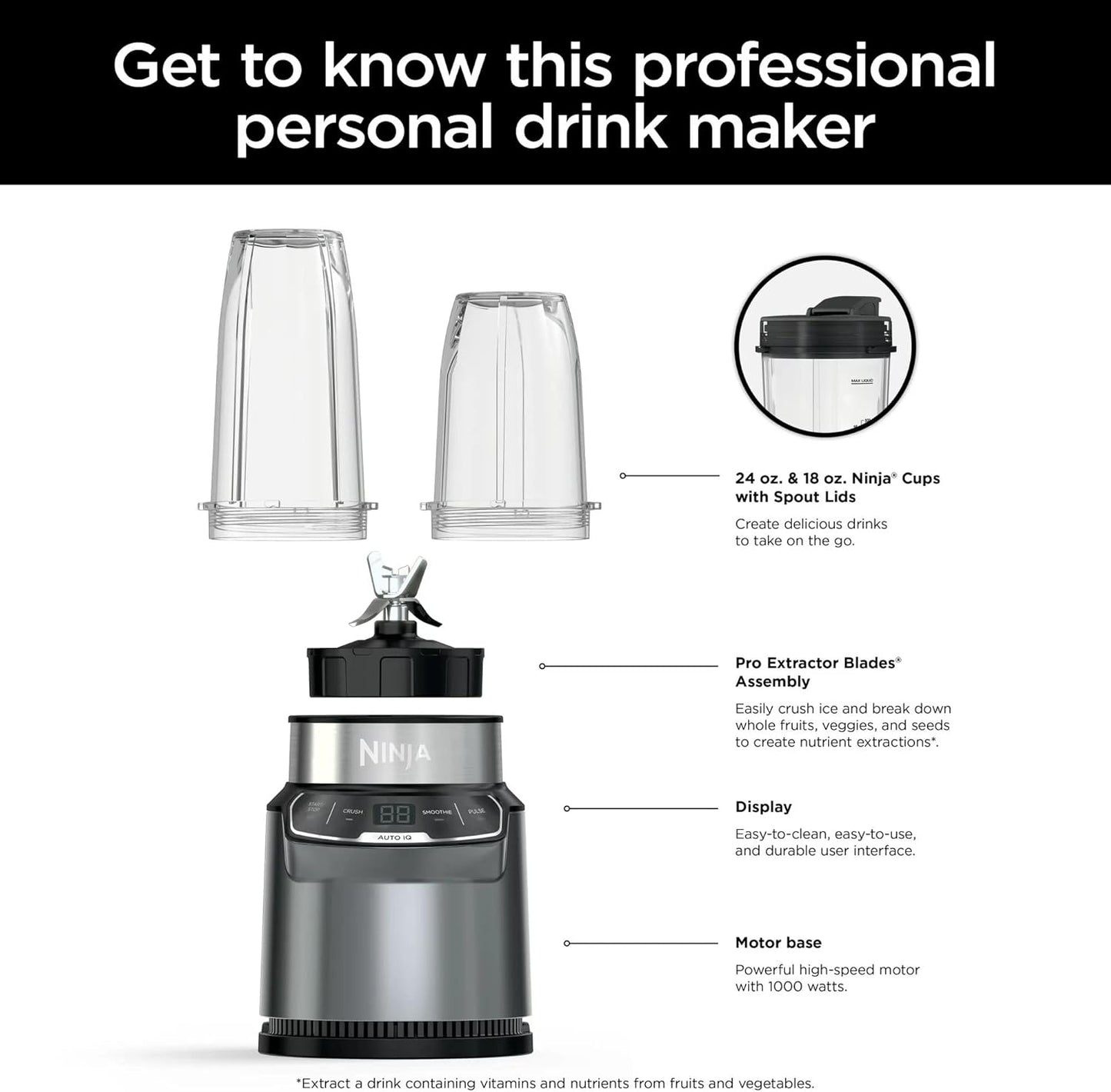Ninja BN400 Nutri Pro Compact Blender - 1000W Auto-iQ for Smoothies & Frozen Drinks | 18oz & 24oz Cups, Stone Silver