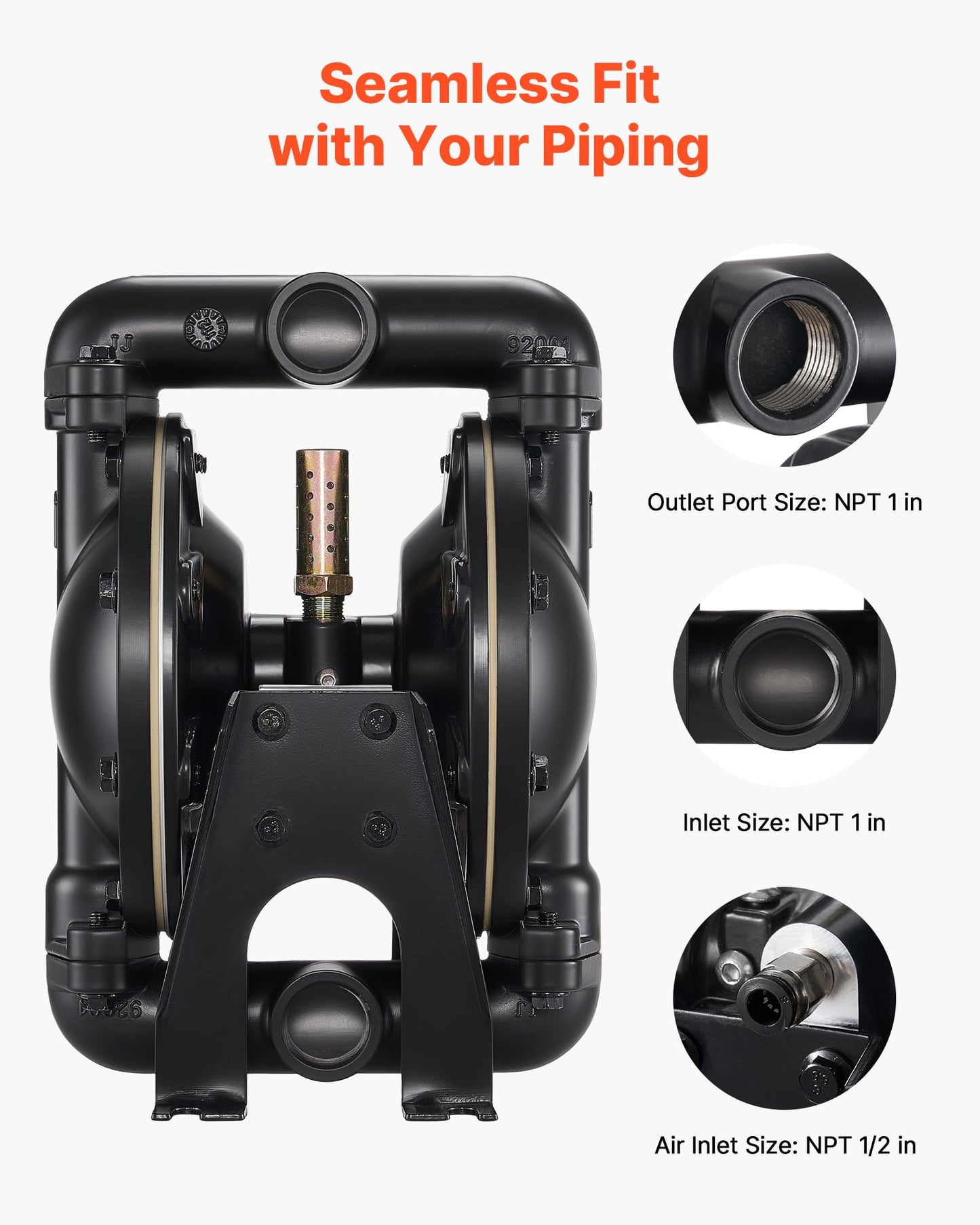 VEVOR Air Operated Double Diaphragm Pump, 35 GPM, 1 inch Inlet & Outlet Pneumatic Waste Oil Transfer Pump, Max 114 PSI, Aluminum Alloy Body, Air-Operated for Diesel, Grease, Kerosene, Gasoline & Oil