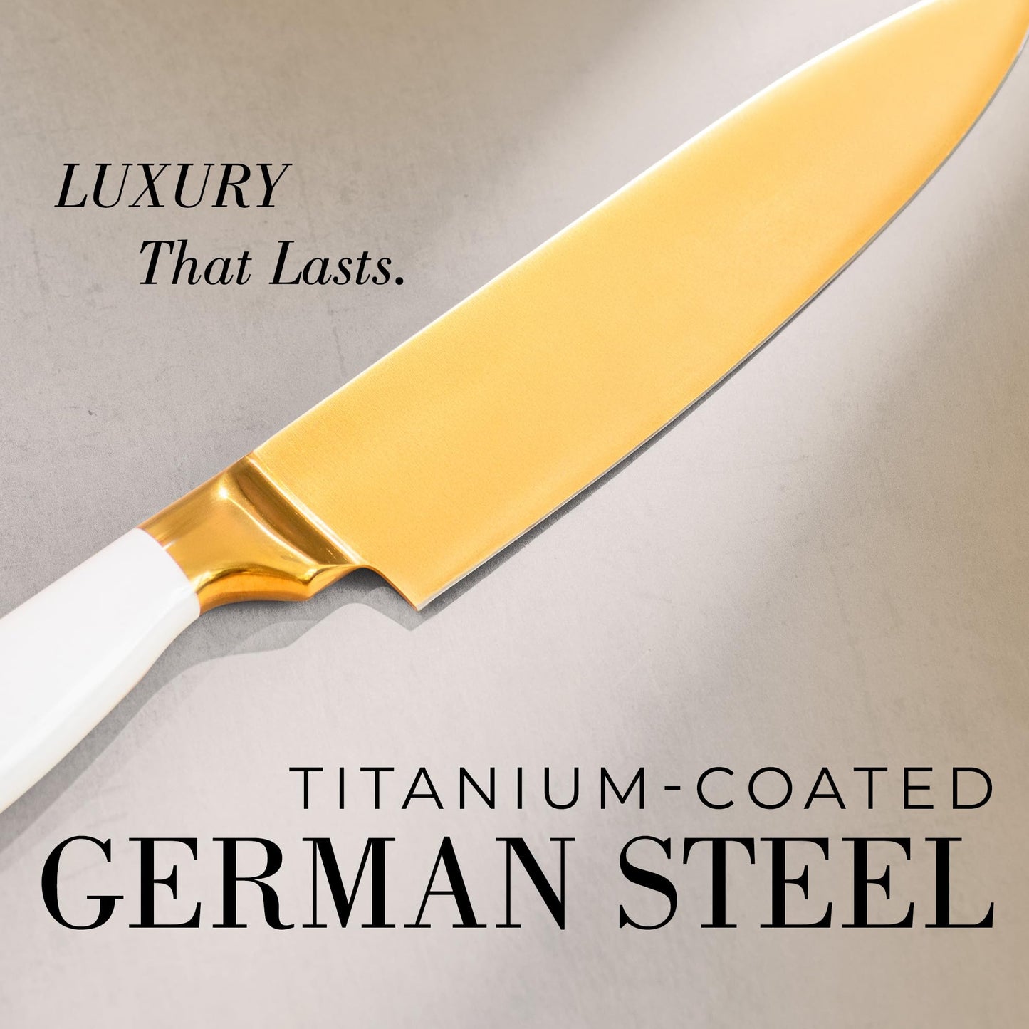 STYLED SETTINGS White and Gold Knife – Stainless Steel Chef Knife with Gold Titanium Coating, Precision German Stainless Steel Blade – Luxury Kitchen Accessories - Ideal Cooking Gift
