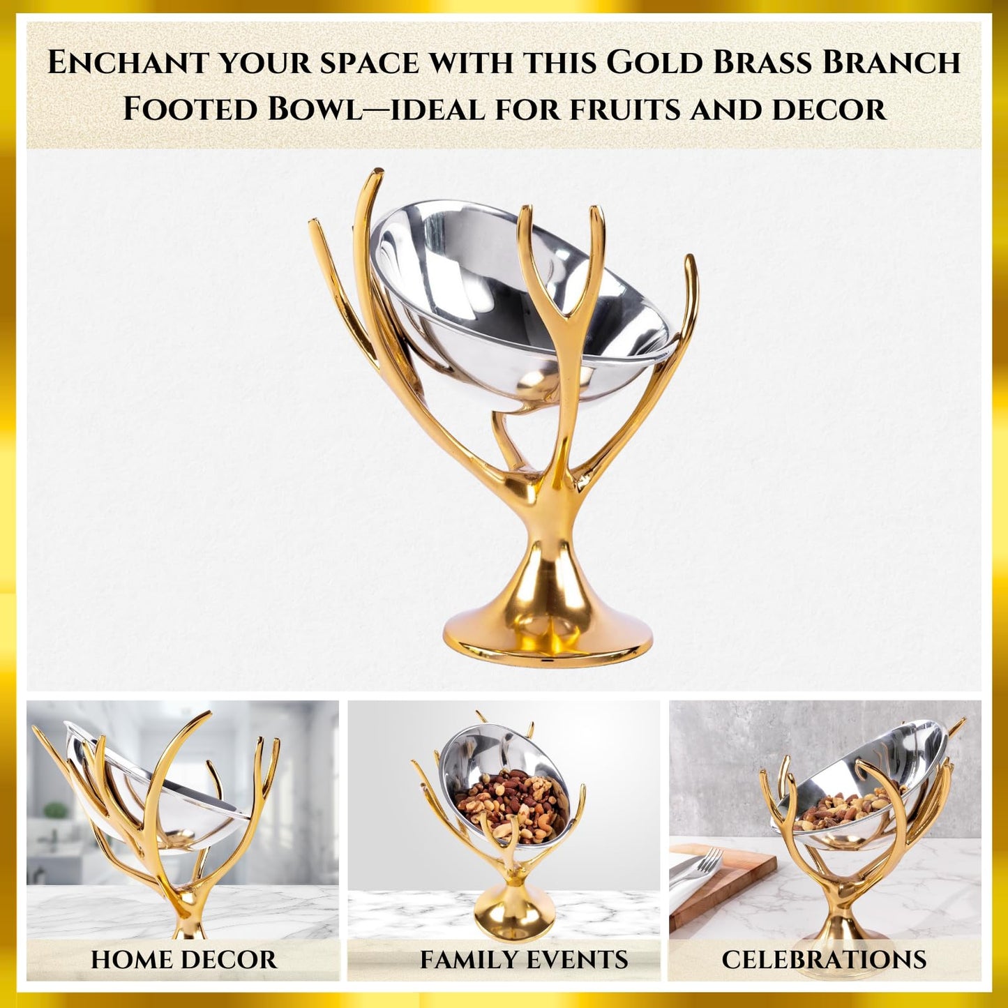 Decorative Gold Brass Branch & Aluminum Footed Bowl, Serving, Fruit, Treats or Catchall for a Table Centerpiece or Use as Pedestal Decor Piece - Serveware Home Decor, Wedding, Party, 10.1" x 9" style