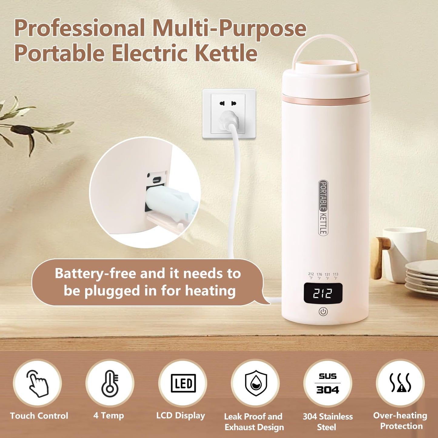 Portable Travel Electric Kettle | 4 Adjustable Temperature | Small Compact Water Boiler for Tea, Coffee | 304 Stainless Steel | Automatic Shut-off | 16oz
