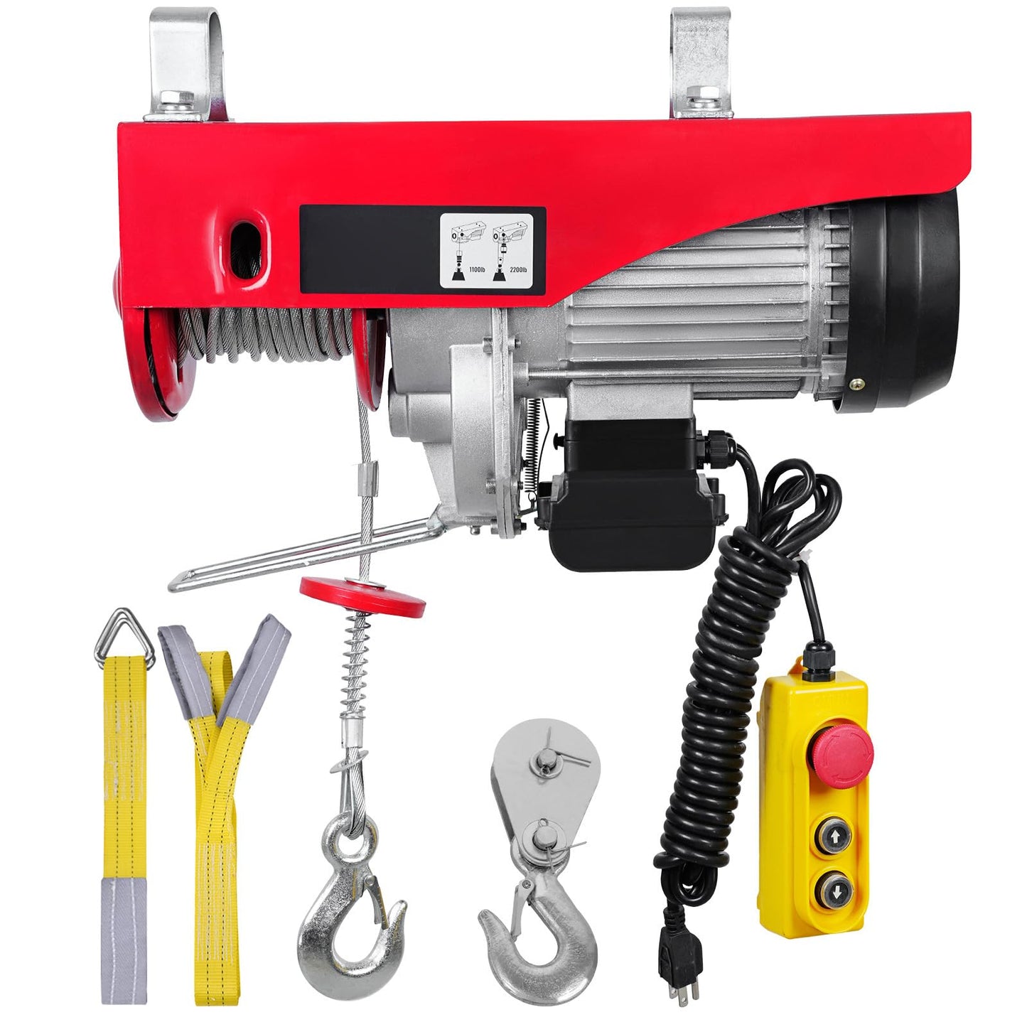 Happybuy Electric Hoist, 2200 lb Overhead Crane Garage w/Steel Hook, Remote Control & Emergency Stop Switch Ceiling Pulley Winch for Warehouse, Construction, Goods Lifting, 110V Red, 2200Lbs