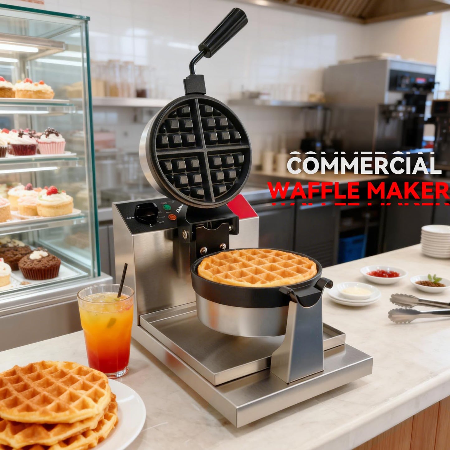 CROSSON Commercial Waffle Maker,Professional Round Belgian Waffle Maker Rotating 180° Non-Stick Plate Machine with Temp and Time Control for Restaurant Bakeries Kitchen 120V/1300W
