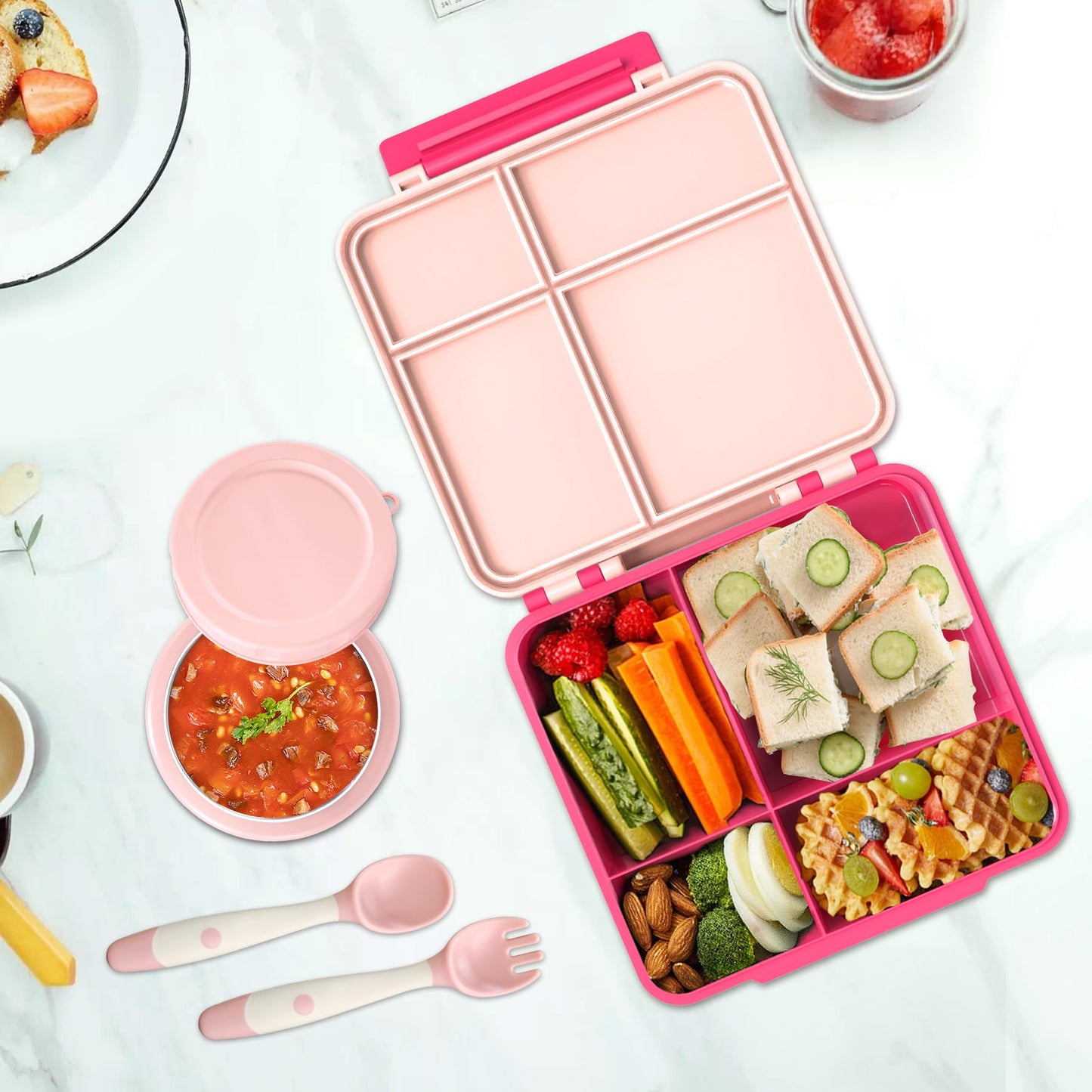 Aimsnk Kids Bento Lunch Box with 8oz Soup Thermo, Kids Leakproof Lunch Food Containers with 4 Compartment,Insulated Hot Food Jar with Lunch Bag for School, Travel (Pink)