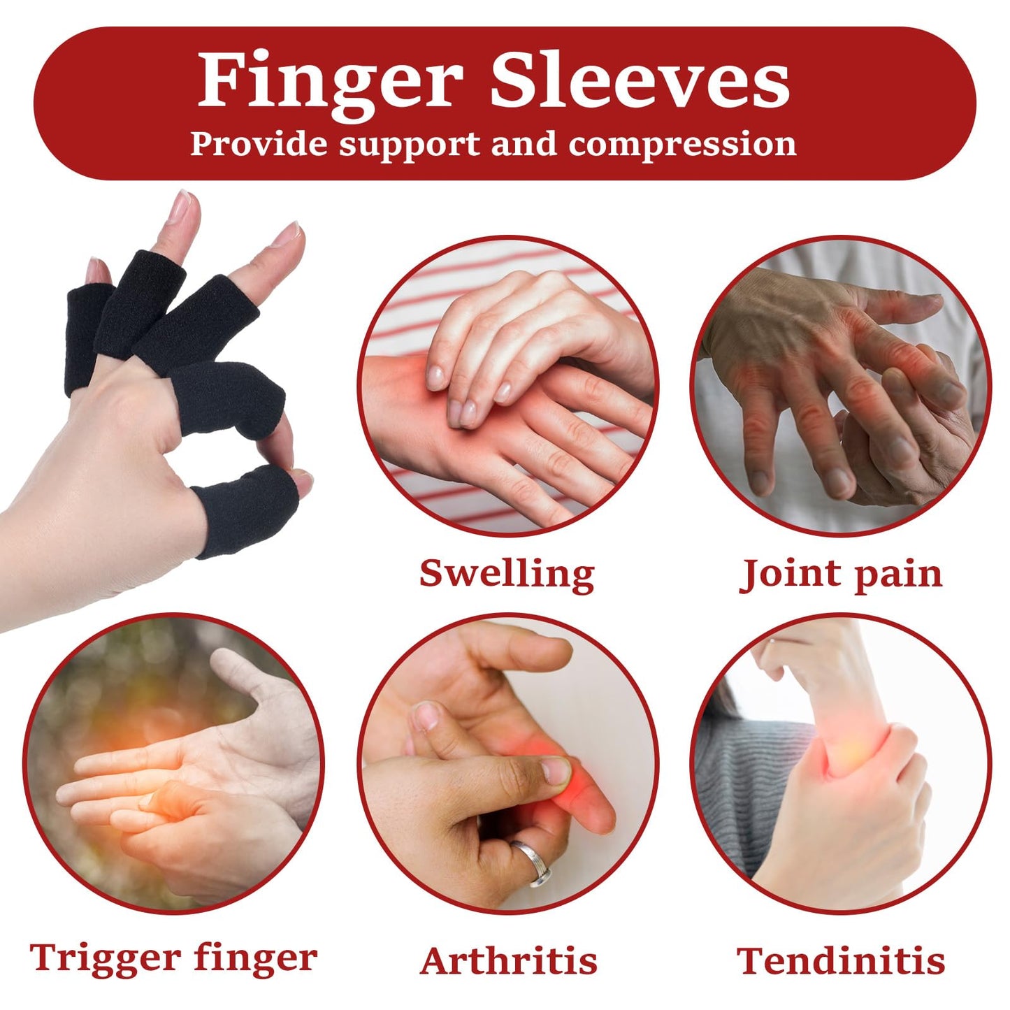 10 Pcs Black Finger Sleeves, Elastic Finger Compression Sleeves, Breathable Fingers Support Brace Thumb Splint for Basketball Volleyball Relieving Pain Arthritis