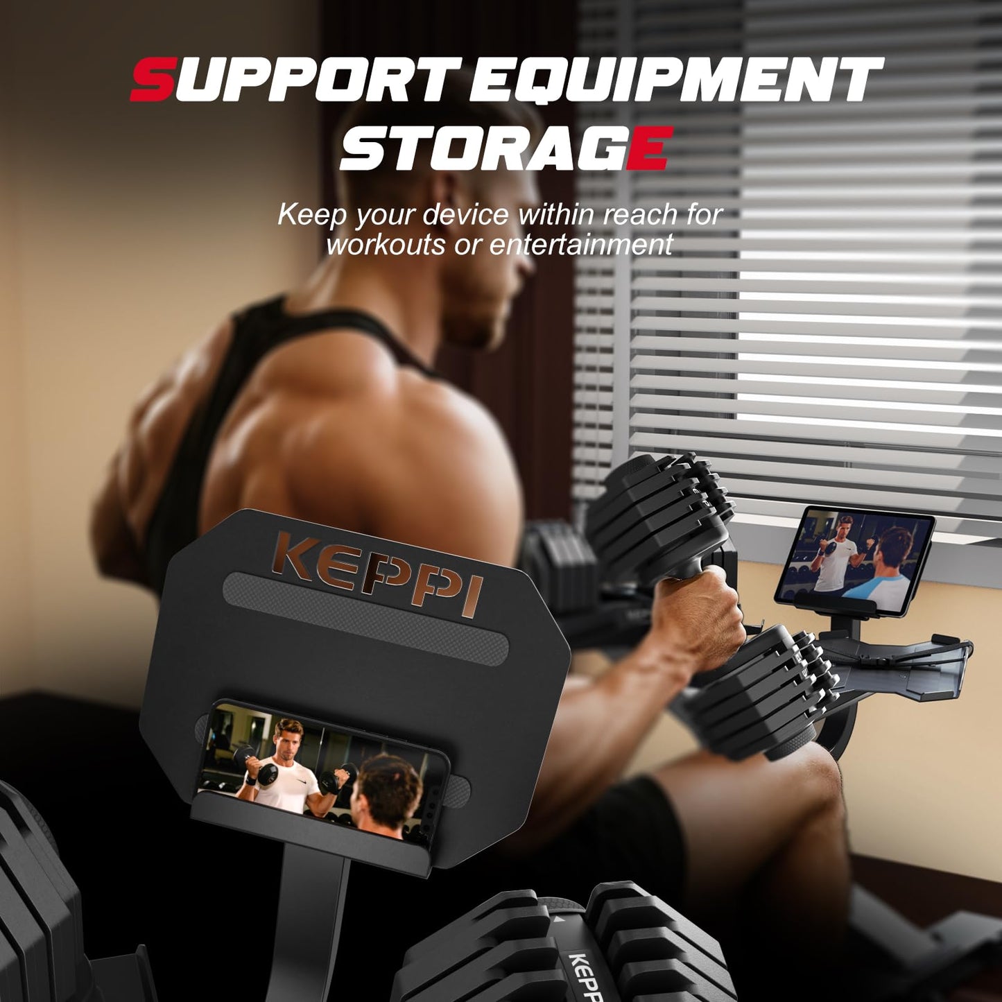 Adjustable Dumbbell Rack with Tablet Stand, 330LB Capacity Weight Rack Stand for Home Gym, Fitness Dumbbell Holder, Strength Training Weight Rack Stand with Non-Slip Silicone Tray, Straps, Wheels