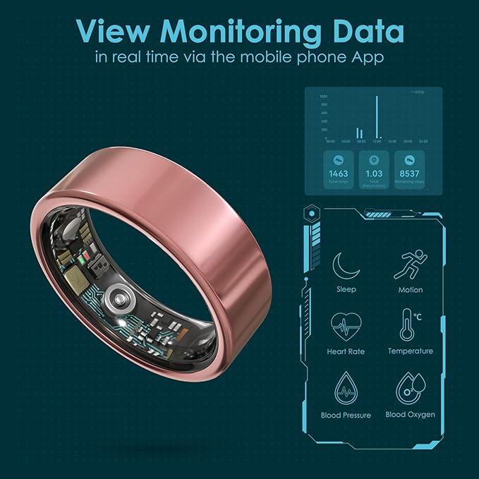 Smart Ring Health Monitoring 5ATM Waterproof Fitness Tracker with Glossy Titanium Surface Blood Oxygen/Sleep/Stress Tracking Women?™s Cycle Prediction Sport Ring Compatible with iOS/Android Ink 12