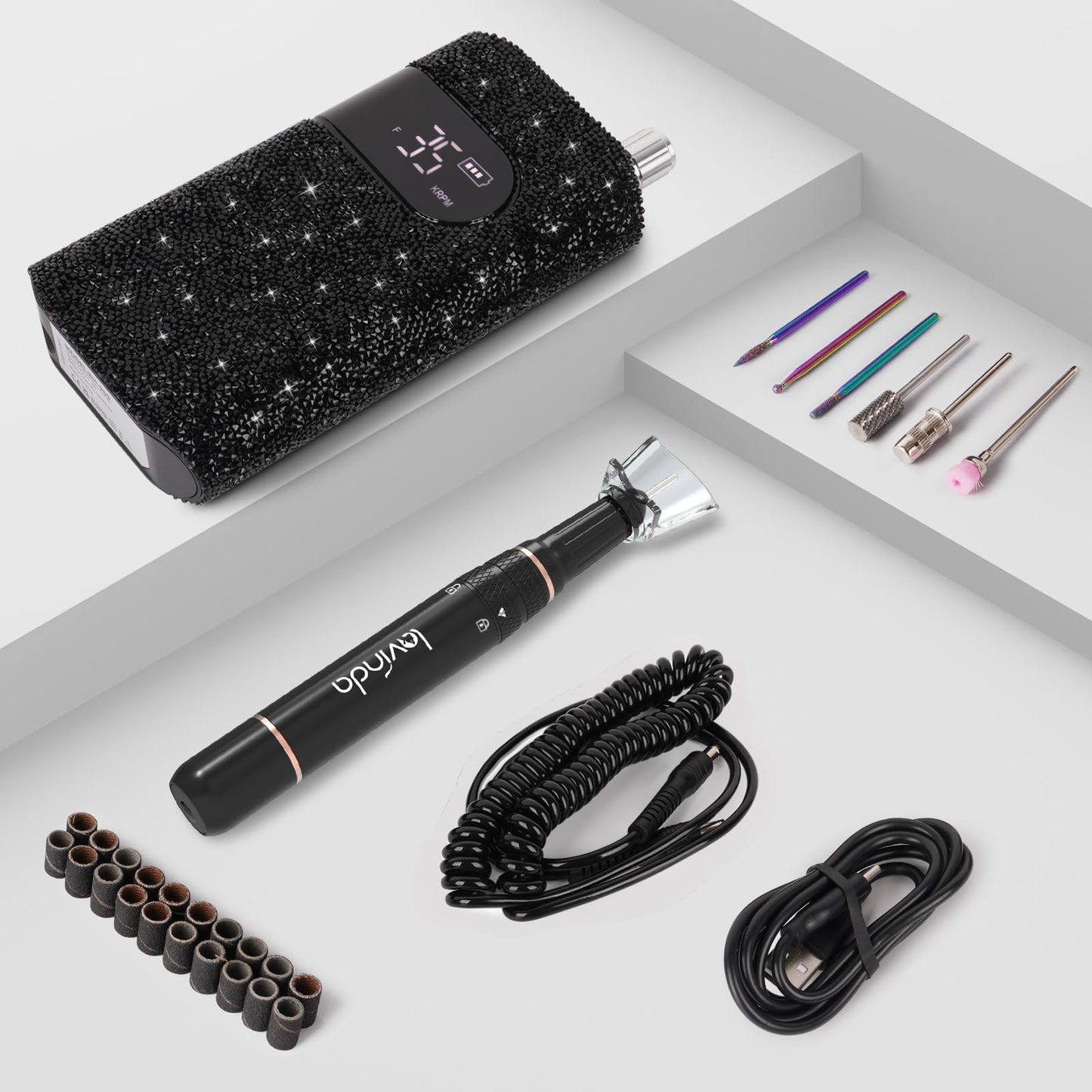 Black Rhinestone UV Nail Lamp, Cordless UV Light for Gel Nails & Electric Nail File Cordless Nail Drill Machine with 6PCS Nail Drill Bits for Polishing Shape Manicure Tools