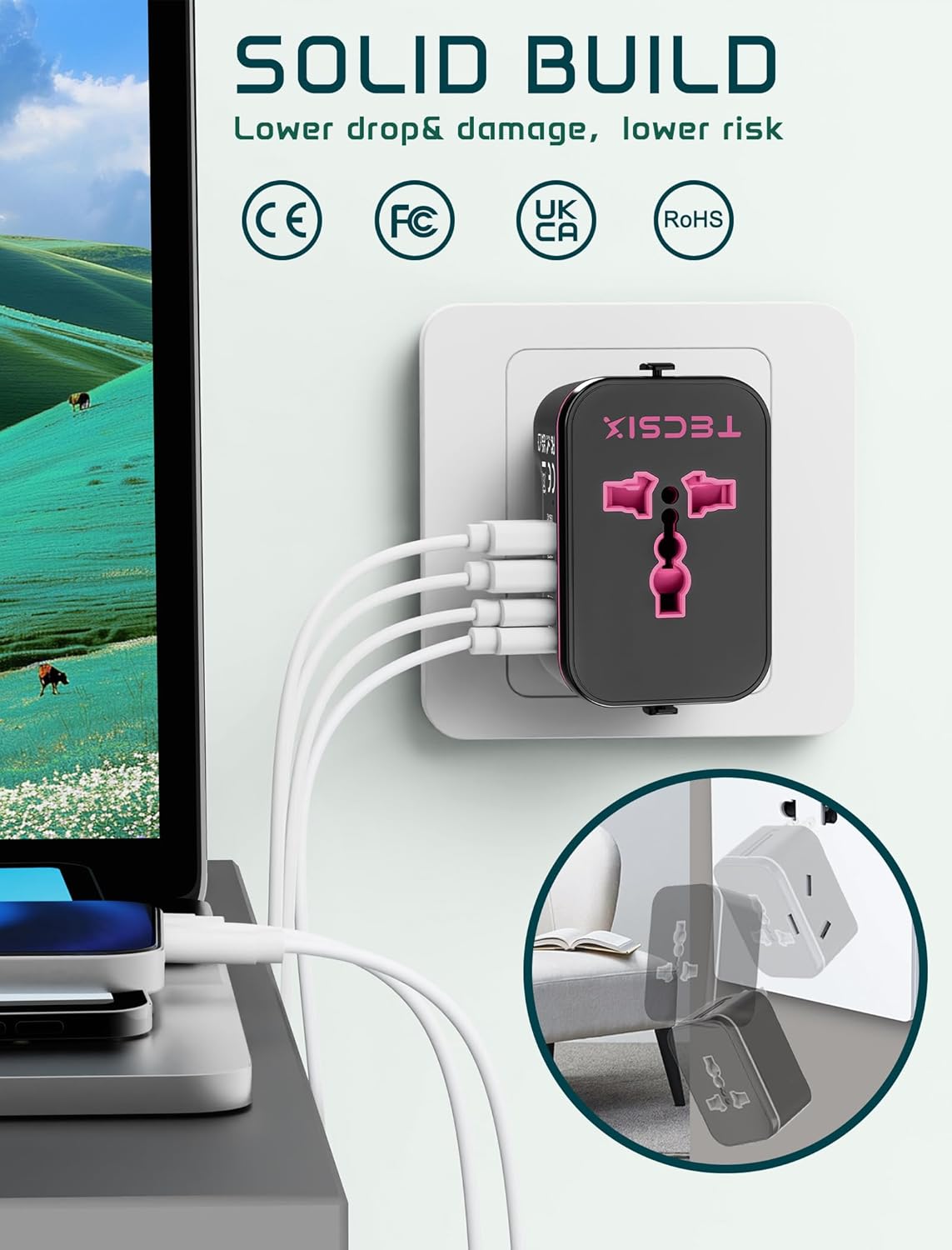 TECSIX 2 2 200+ Countries Universal Travel Adapter Worldwide, European Travel Plug Adapter with USB C, USB A and Multi