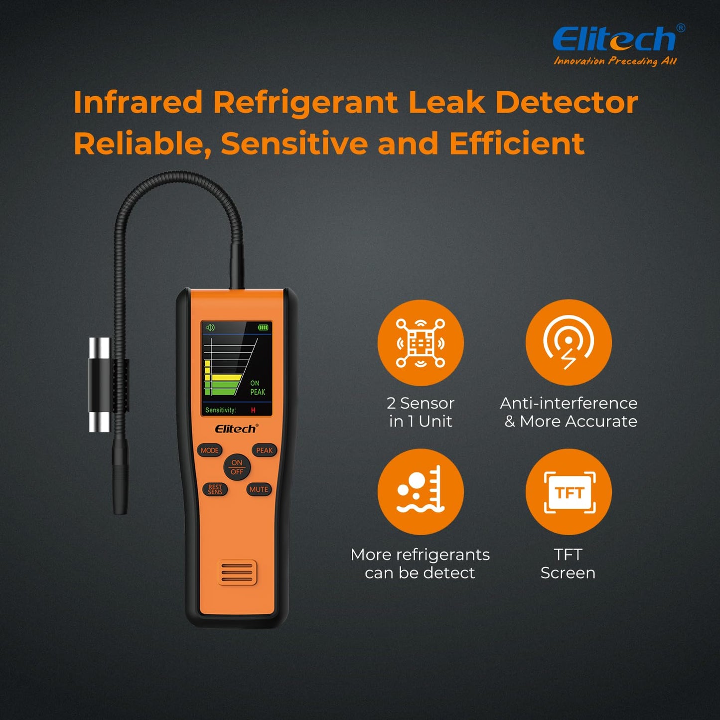 Elitech Refrigerant Leak Detector, Infrared & Heated Diode Sensors in 1 Unit, HVAC Halogen Gas Sniffer, Anti-Interference, IR-200