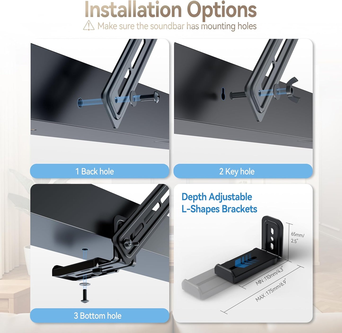 C YECEN Sound Bar Mounts Under TV or Above TV, Height & Depth Adjustable Soundbar Mountwith Detachable Extension Arms