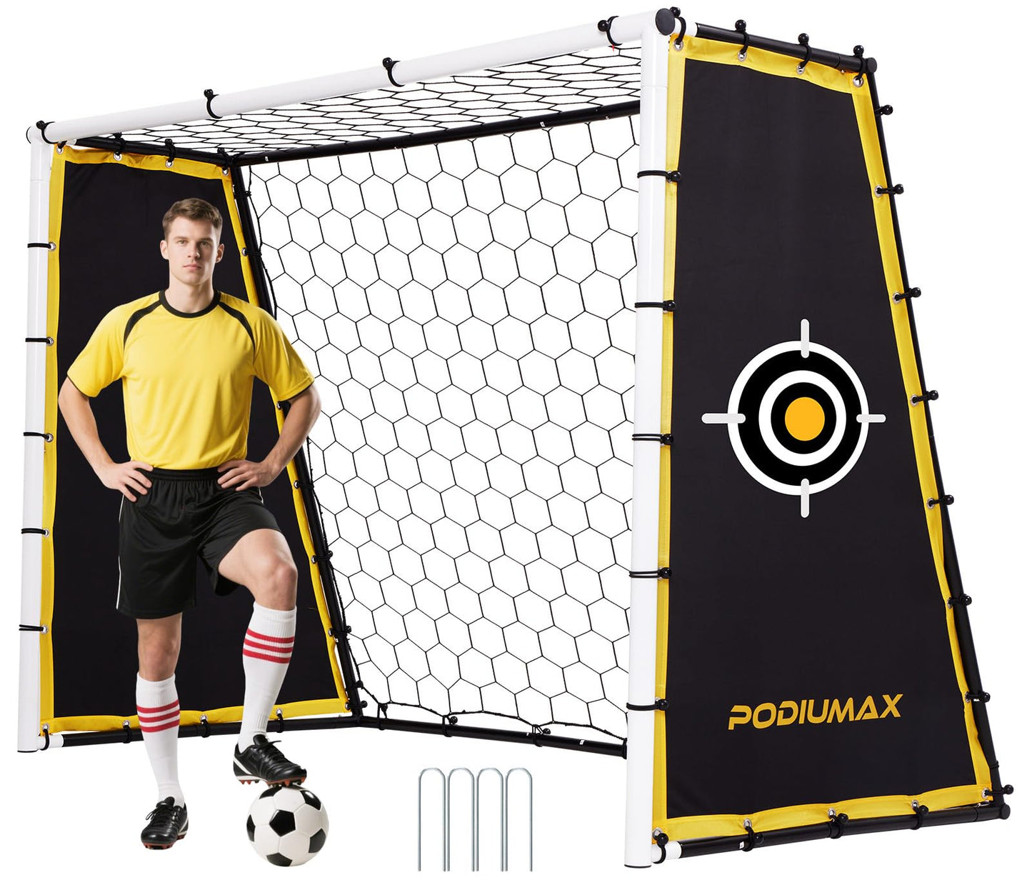 PodiuMax 4 in 1 Soccer Goal & Rebounder, 7x5ft Rebound Net with Upgrade Frame, Steel Ground Pass Net for Backyard Park Field, Soccer Kick Back Trainer for High Passing, Low Passing & Shooting Training