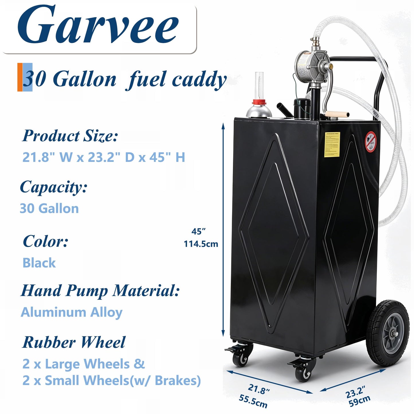 Garvee 30 Gallon Fuel Caddy with Manual Transfer Pump, Portable Gas Storage Tank on 4 Wheels, Gasoline & Diesel Fuel Storage Tank for Cars, Lawn Mowers, ATVs, Boats, More, Black