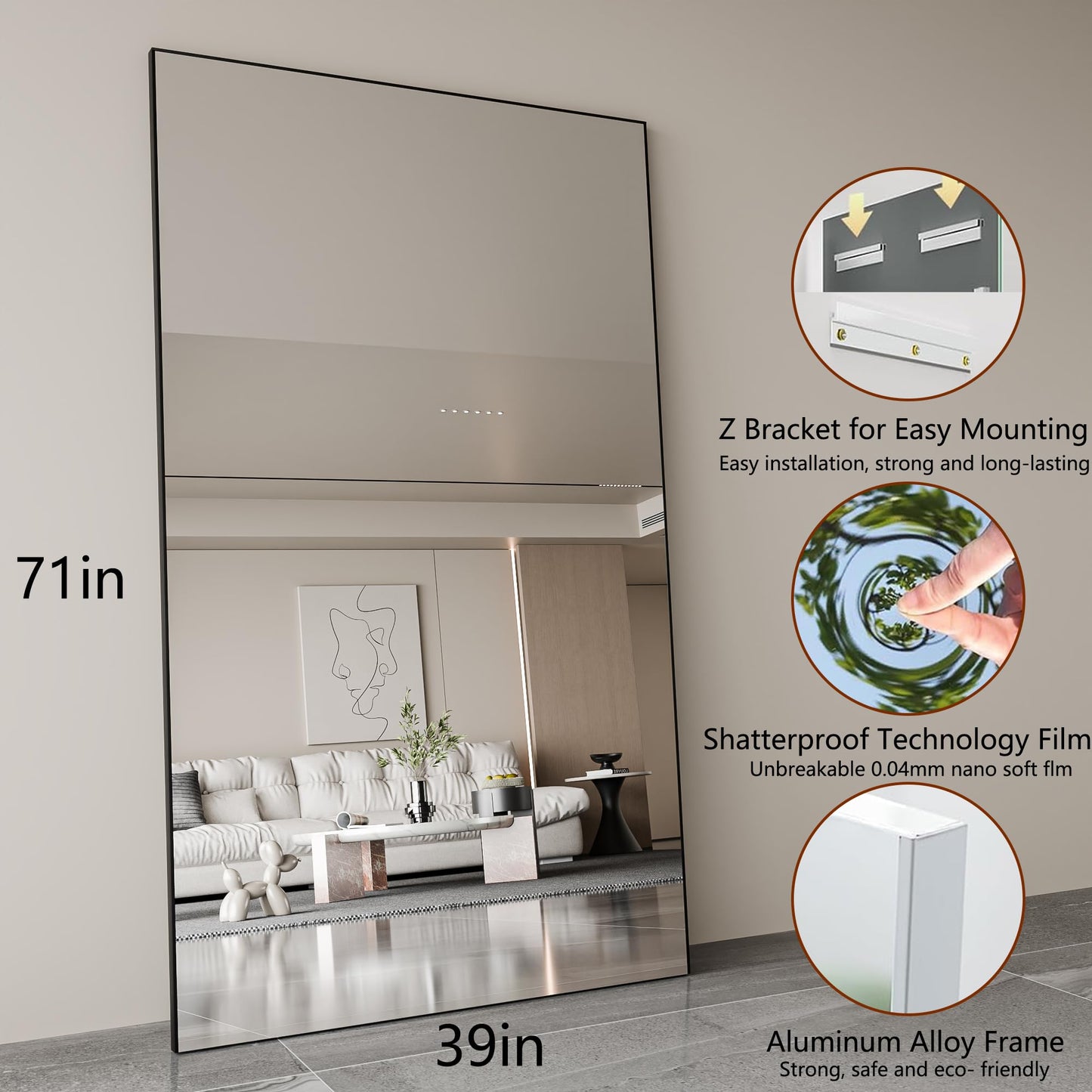 Fitcleer Glassless Floor Mirror, 71×39”, Wide Shatterproof Full Length Wall Mirror for Bedroom, Living Room, or Home Gym, Ultra-Light Leaning or Hanging Design, Black Frame