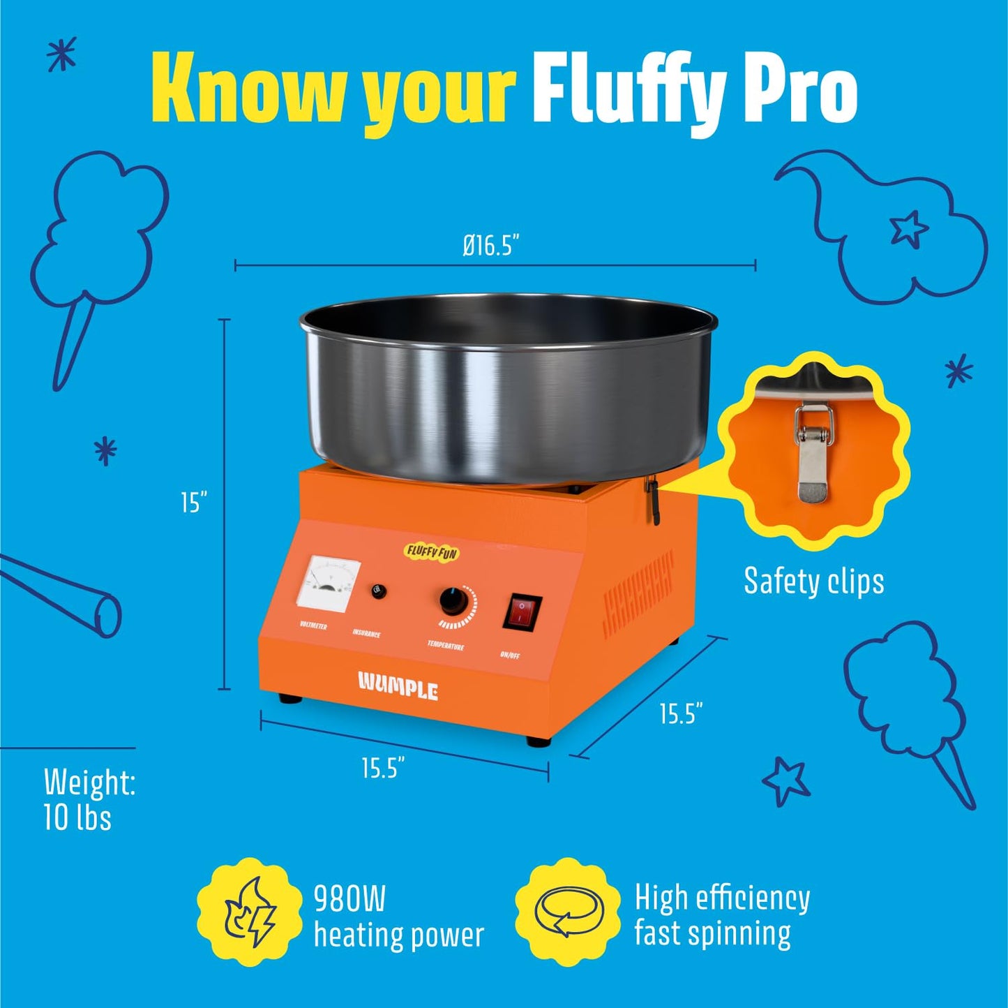 Wumple Cotton Candy Machine - 1000W Commercial-Grade Electric Cotton Candy Maker - 3-Minute Heat-Up - Stainless Steel Bowl - for Parties, Carnivals & Home Use - Orange