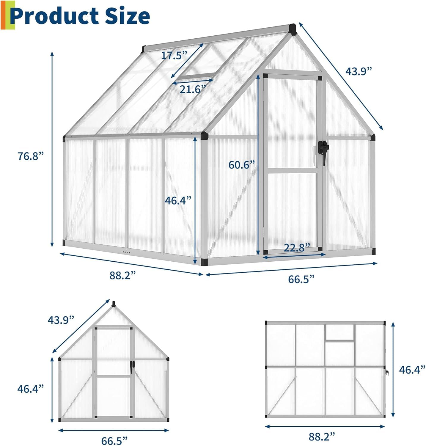 6x7FT Polycarbonate Greenhouse Kit for Outdoors – Sturdy Aluminum Frame, UV Protection, Lockable Door, Walk-in Design, Roof Vent, Easy Assembly for Garden, Patio, or Backyard