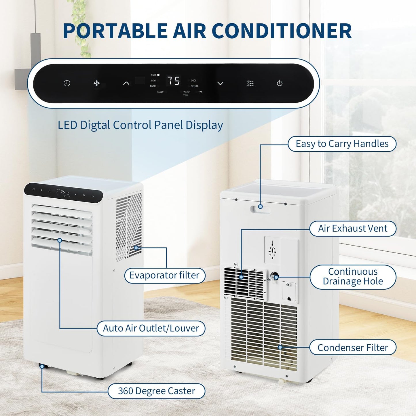 Takywep Powerful & Quiet 10,000 BTU Portable Air Conditioners, 3-in-1 Portable AC Unit with Cool, Fan and Dehumidifier, Up to 450 Sq.Ft, 24H Timer, Remote, LED Display, Quiet 50 dB for Bedroom Office