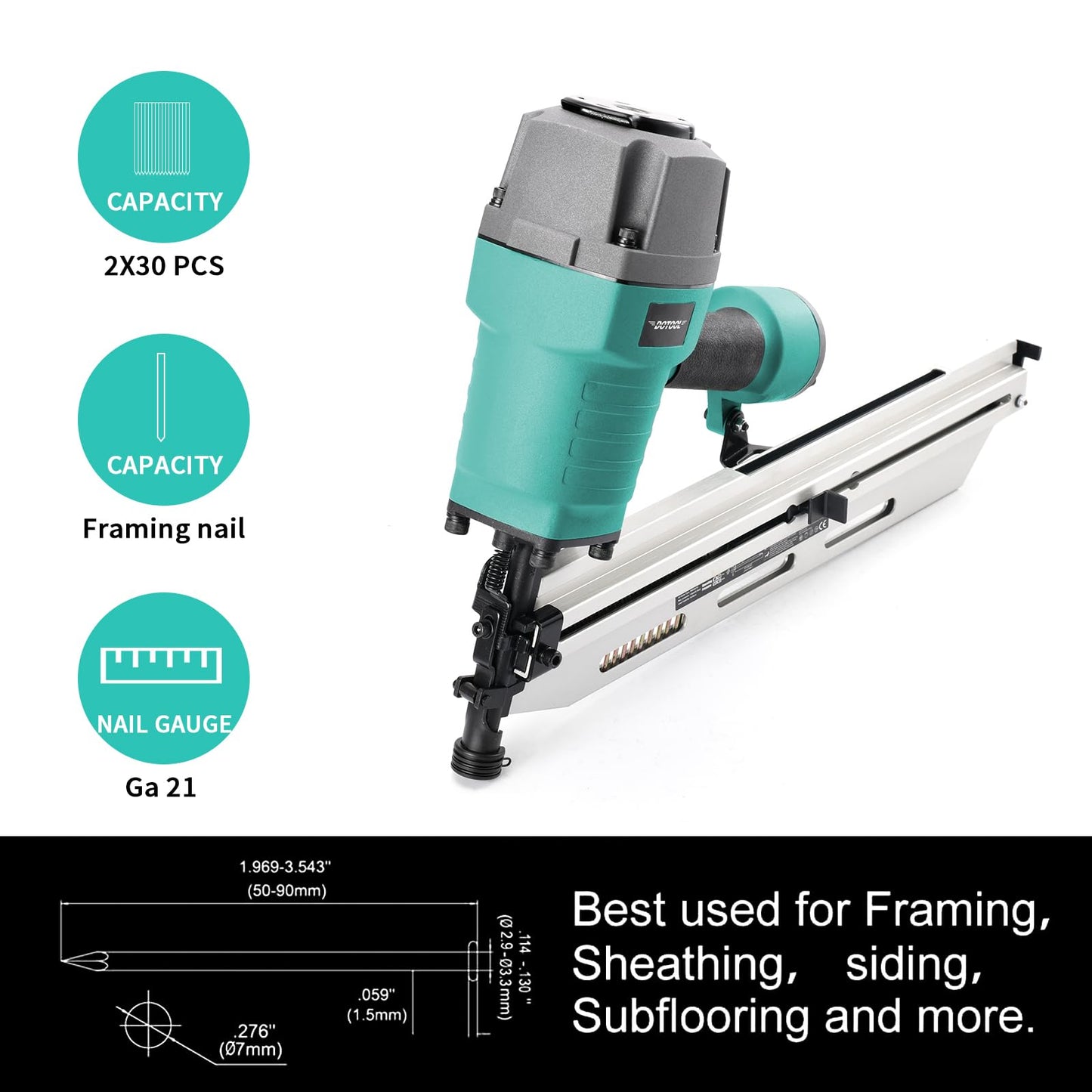 DOTOOL Framing Nail Gun 21 Degree 2-Inch to 3-1/2-Inch with Tool-Less Depth Adjustment Pneumatic Framing Nailer Air Nail Gun for Wall Sheathing, Siding Mount