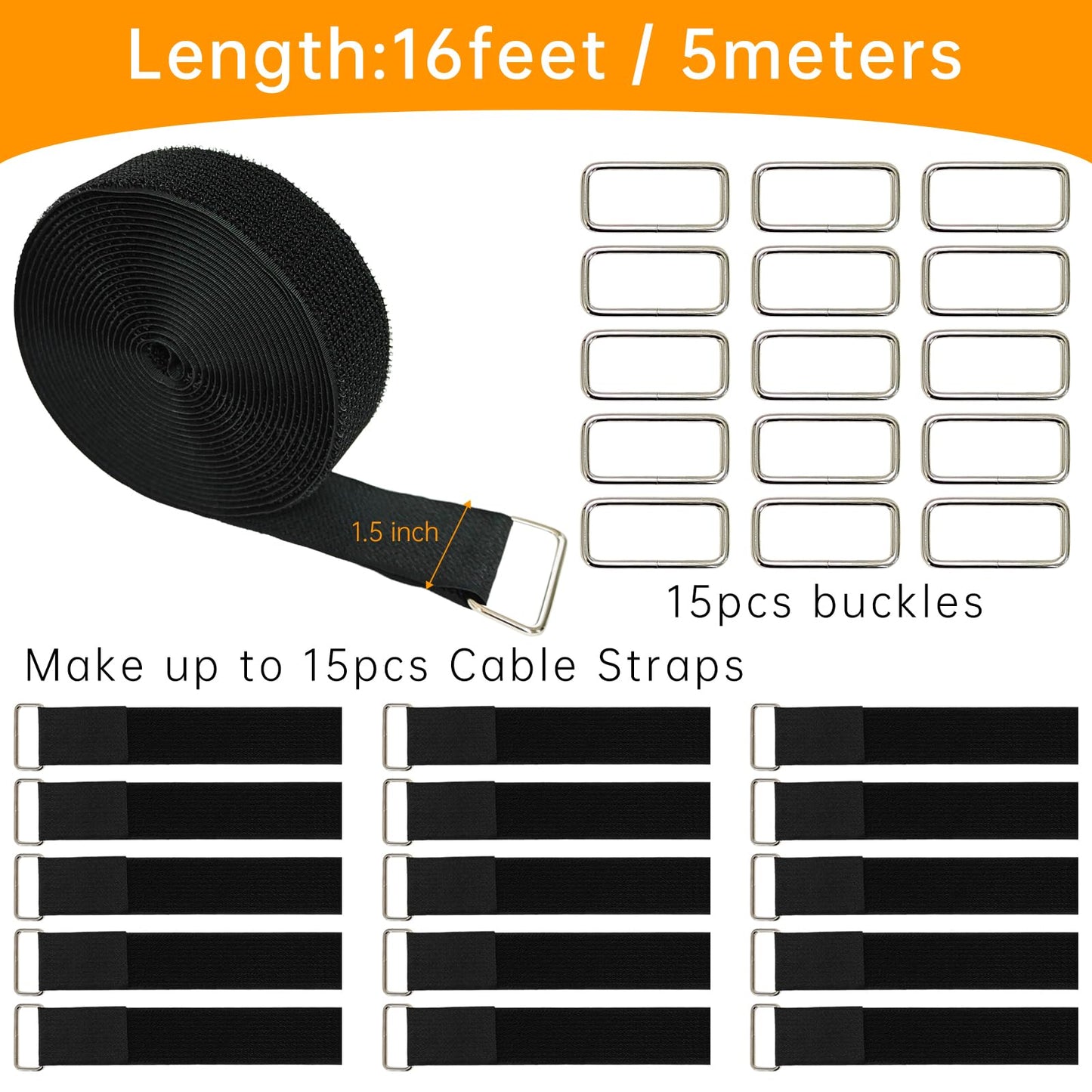 TACVEL 1.5" x16ft Hook and Loop Straps, Long Adjustable Fastening Straps with 15 Metal Buckles, Cut to Length Cinch Straps, Reusable Nylon Securing Cord Ties for Organizer or Storage