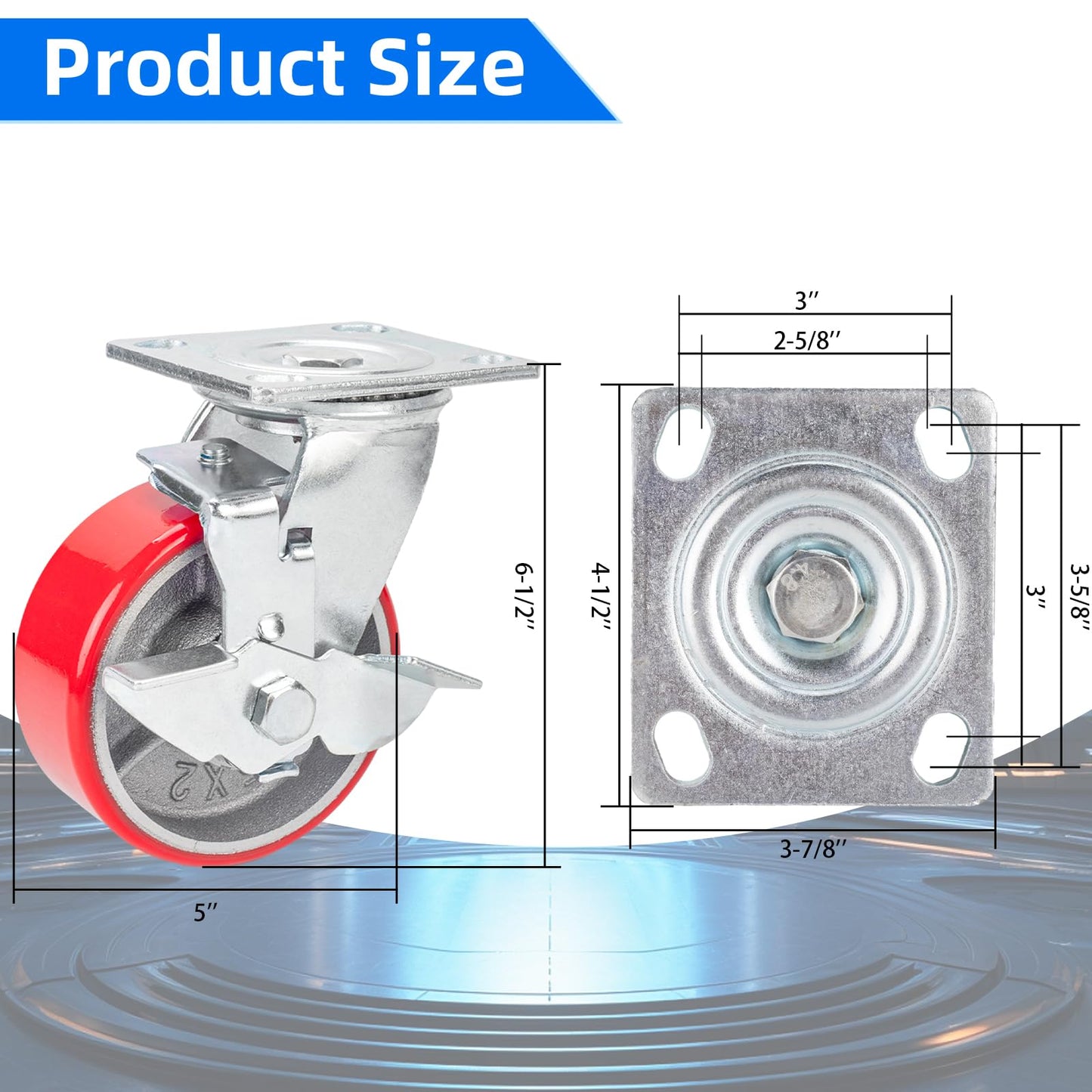 Nefish 5 Inch Industrial Casters Set of 4, Heavy Duty Casters with Brake 4000 Lbs, No Noise Polyurethane Wheel on Steel Hub, Swivel Plate Caster Wheels for Toolbox Workbench (4 Swivel & Brakes)