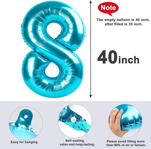 Light Blue 40 Inch Number 8 Balloon - Perfect for 8th Birthday Parties, Weddings & Graduations